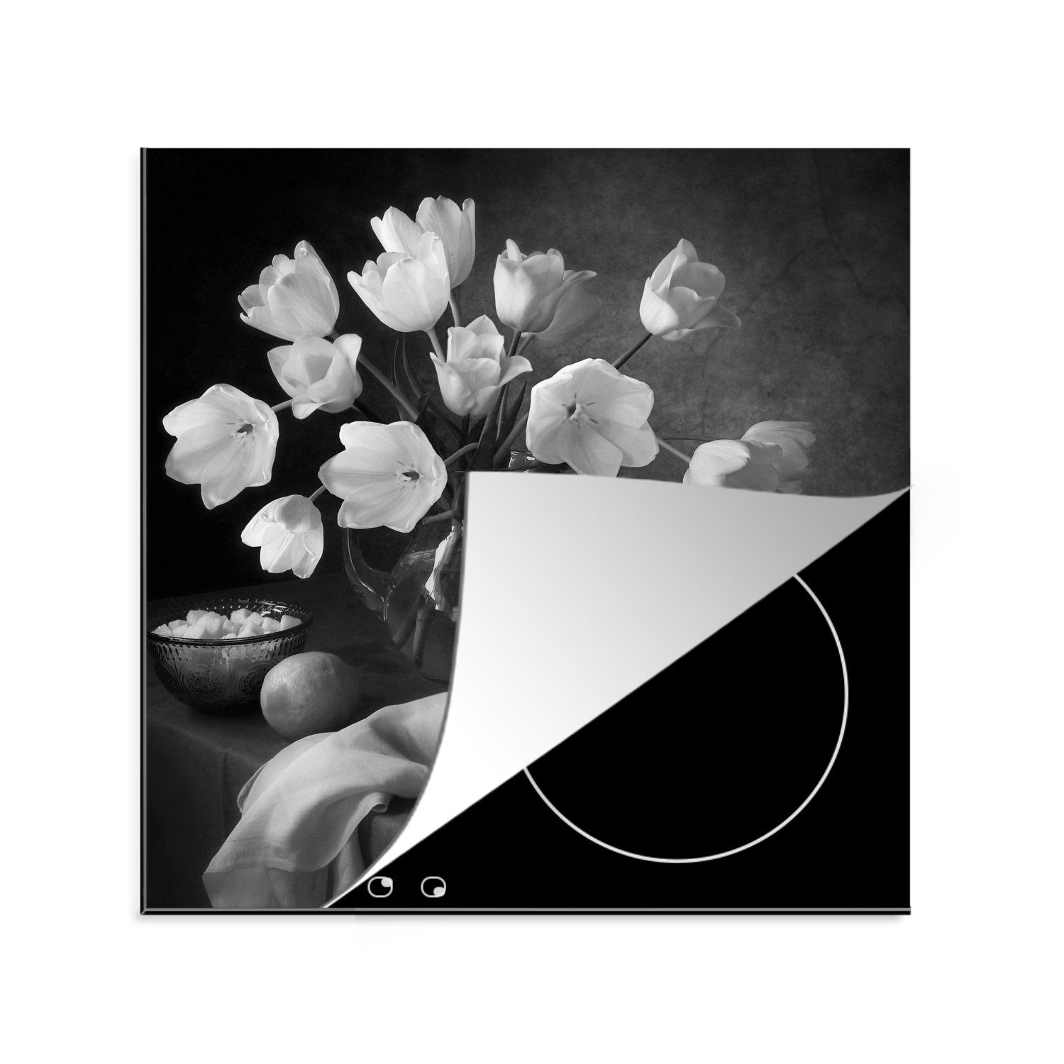 MuchoWow Herdblende-/Abdeckplatte Stilleben - Blumen - Schwarz und weiß, Vinyl, (1 tlg), 78x78 cm, Ceranfeldabdeckung, Arbeitsplatte für küche