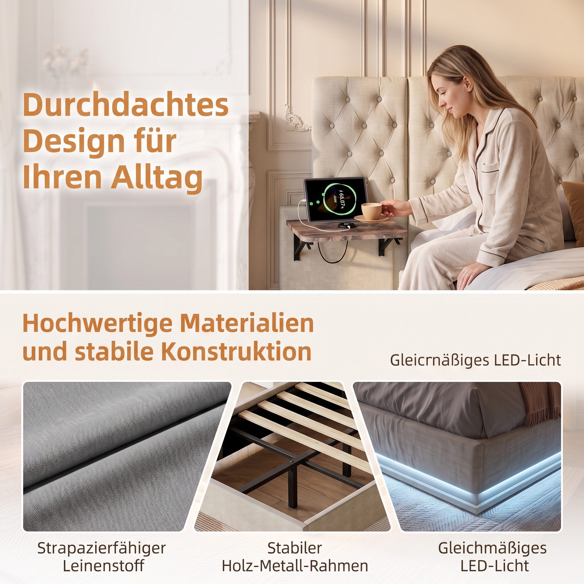 PXloue Polsterbett Modernes Polsterbett mit LED-Beleuchtung (Chesterfield-Design), Bettkasten, Ladefunktion, Leinen, 160x200 cm – Bild 5 von 5