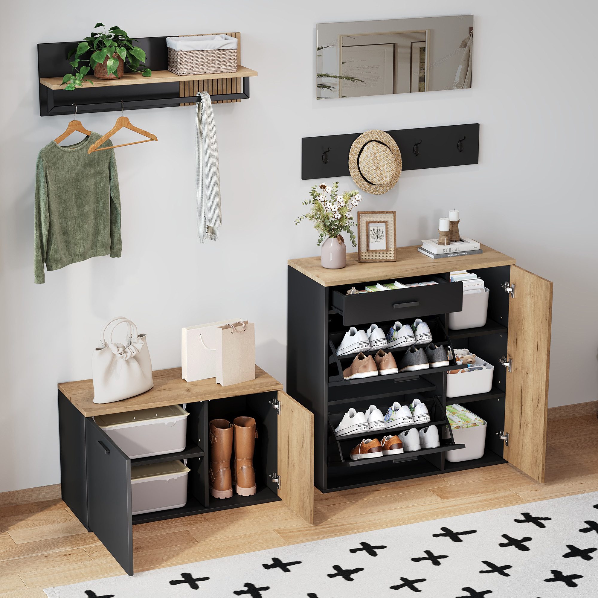 Merax Garderoben-Set 5-teilig Garderobenschrank in Holz und Schwarz/Weiß, (5-St., Eingangsbereich-Schrank Flurmöbel), mit Schuhschrank,Kommode,Spiegel, Hutablage,Garderobenpaneel mit Haken