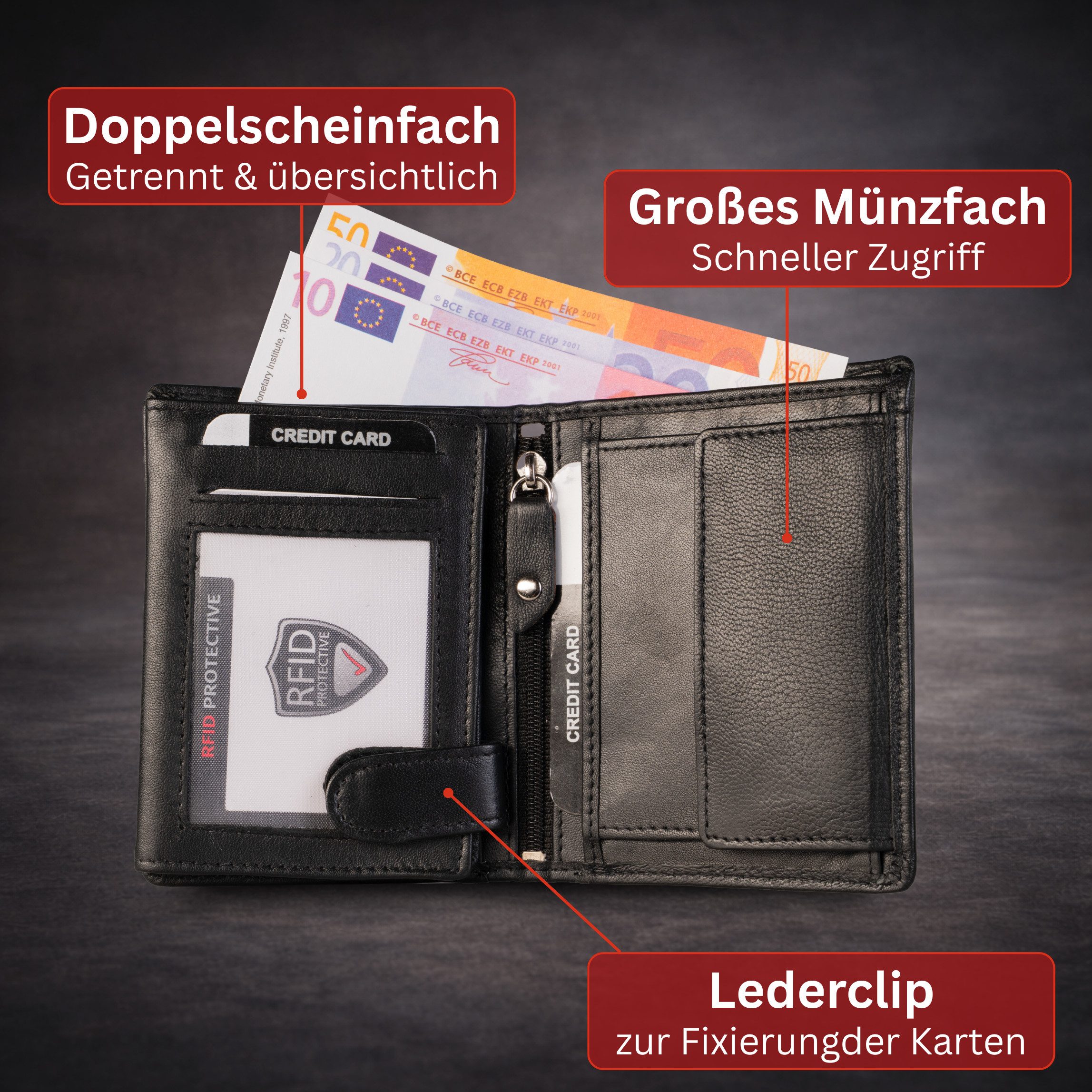 cocoono Geldbörse Herren Geldbörse Echtleder RFID-Schutz mit Münzfach, Leder – Bild 3 von 5