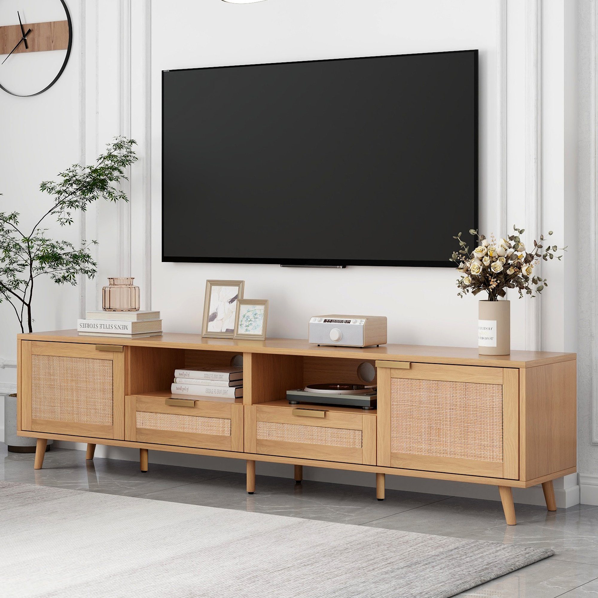 TV-Schrank Holzfüßen, Geflochtener massiven (TV-Konsolentisch,200*37*49cm) Rattan-TV-Boards Natur mit TV-Tisch HAUSS Beistellschrank Sideboard SPLOE