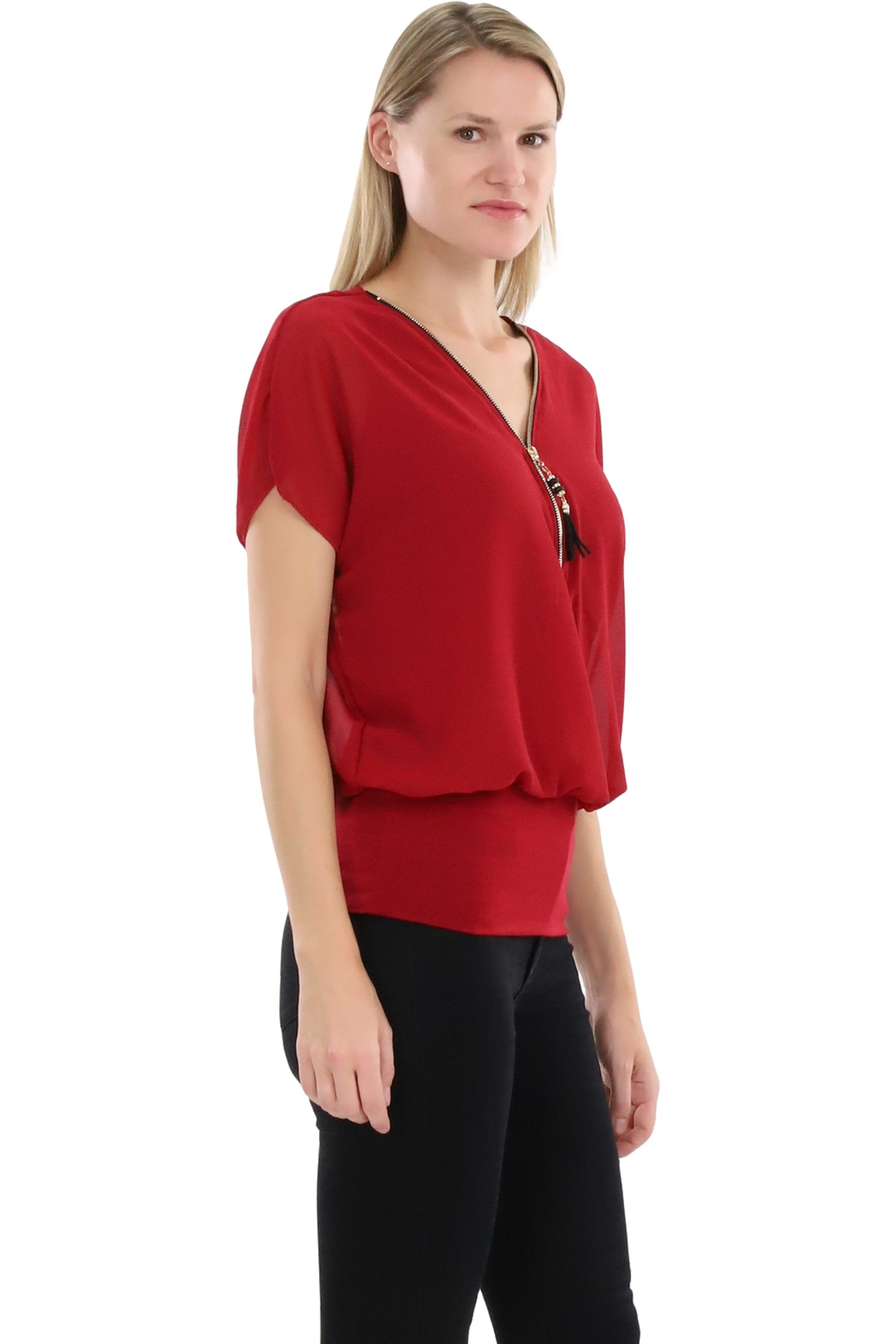 malito more than fashion Chiffonbluse malito Damen kurzarm Bluse im Fledermaus Look, Tunika mit Zipper, Kurzarm Bluse