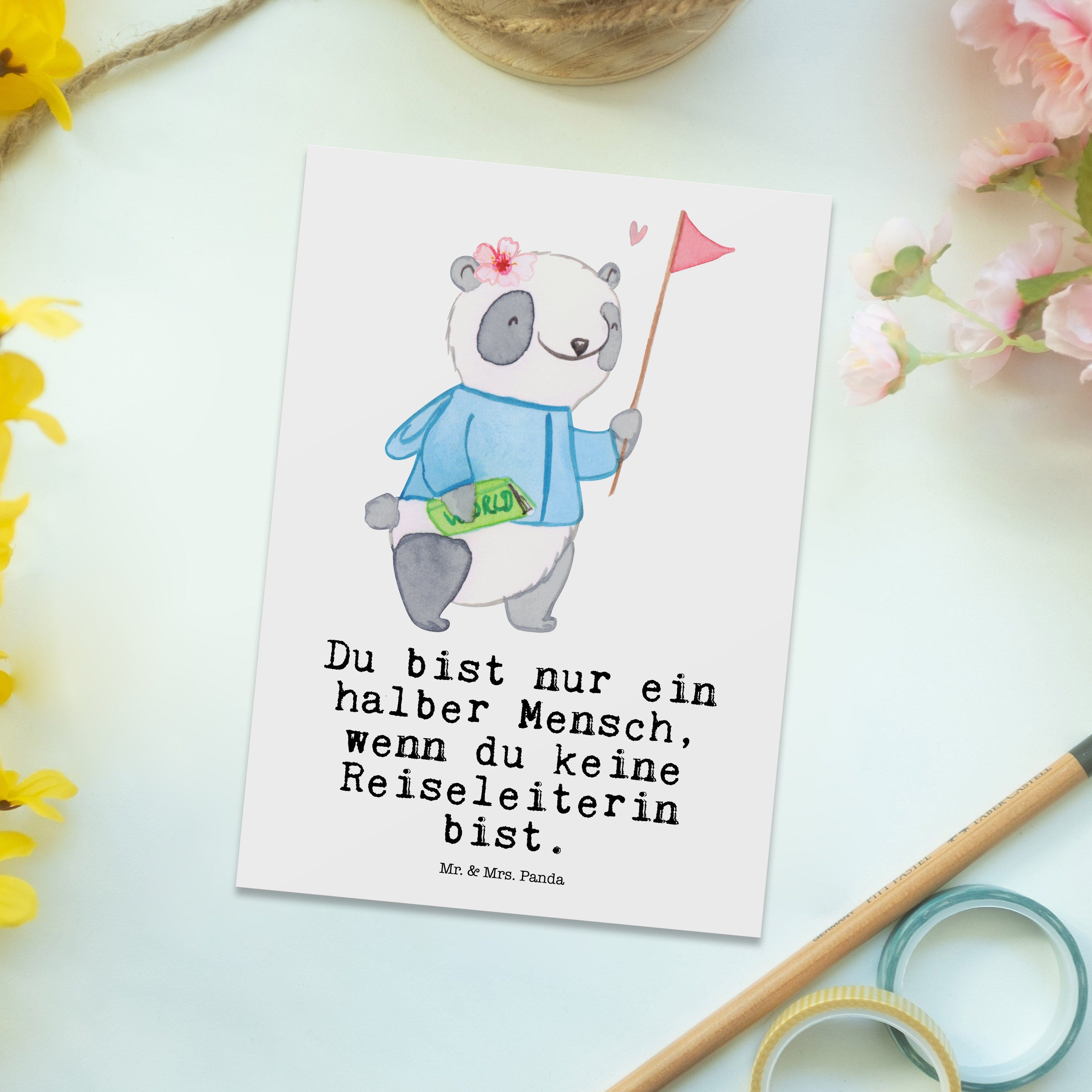 Mr. & Mrs. Panda Postkarte mit Reiseleiterin Beruf, Grußk Herz Geschenk, - - Geschenkkarte, Weiß