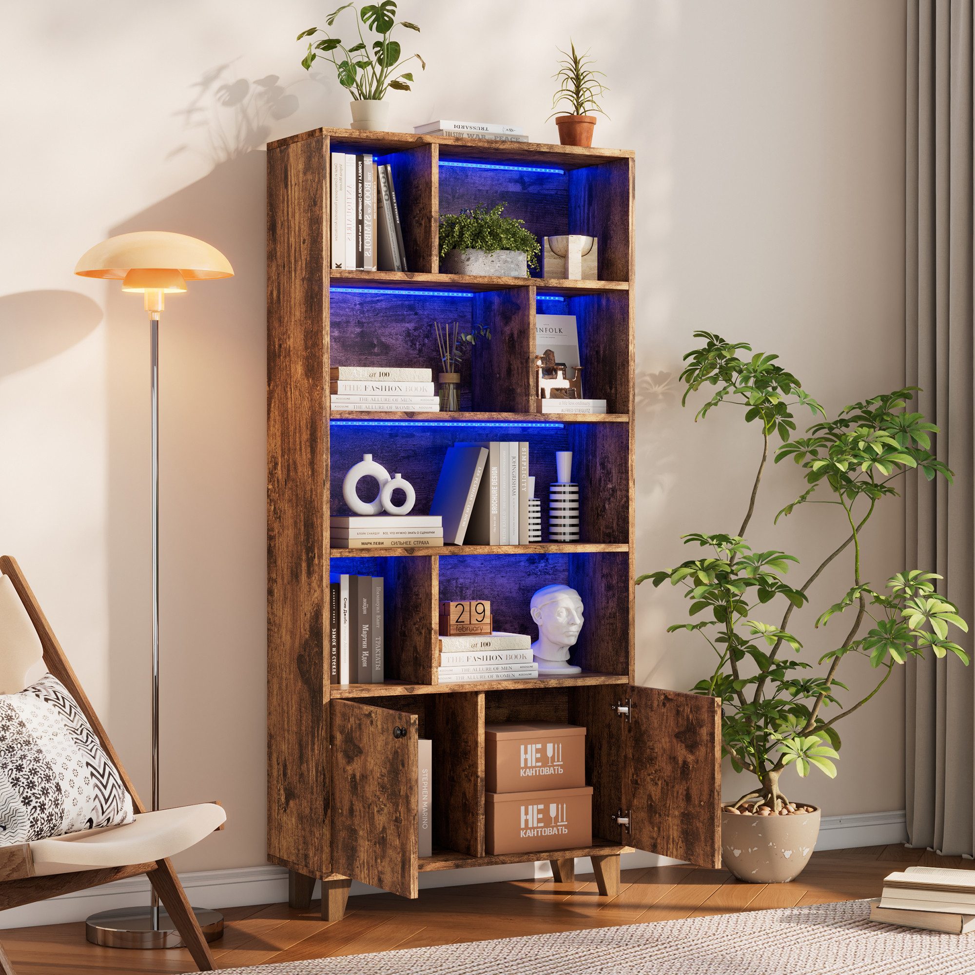 Furnishings Home Bücherregal Massivholzbeine, LED Licht, Fernbedienung,Doppeltüren, 2-tlg., Einfache Form 80x30x173cm Weiß Braun