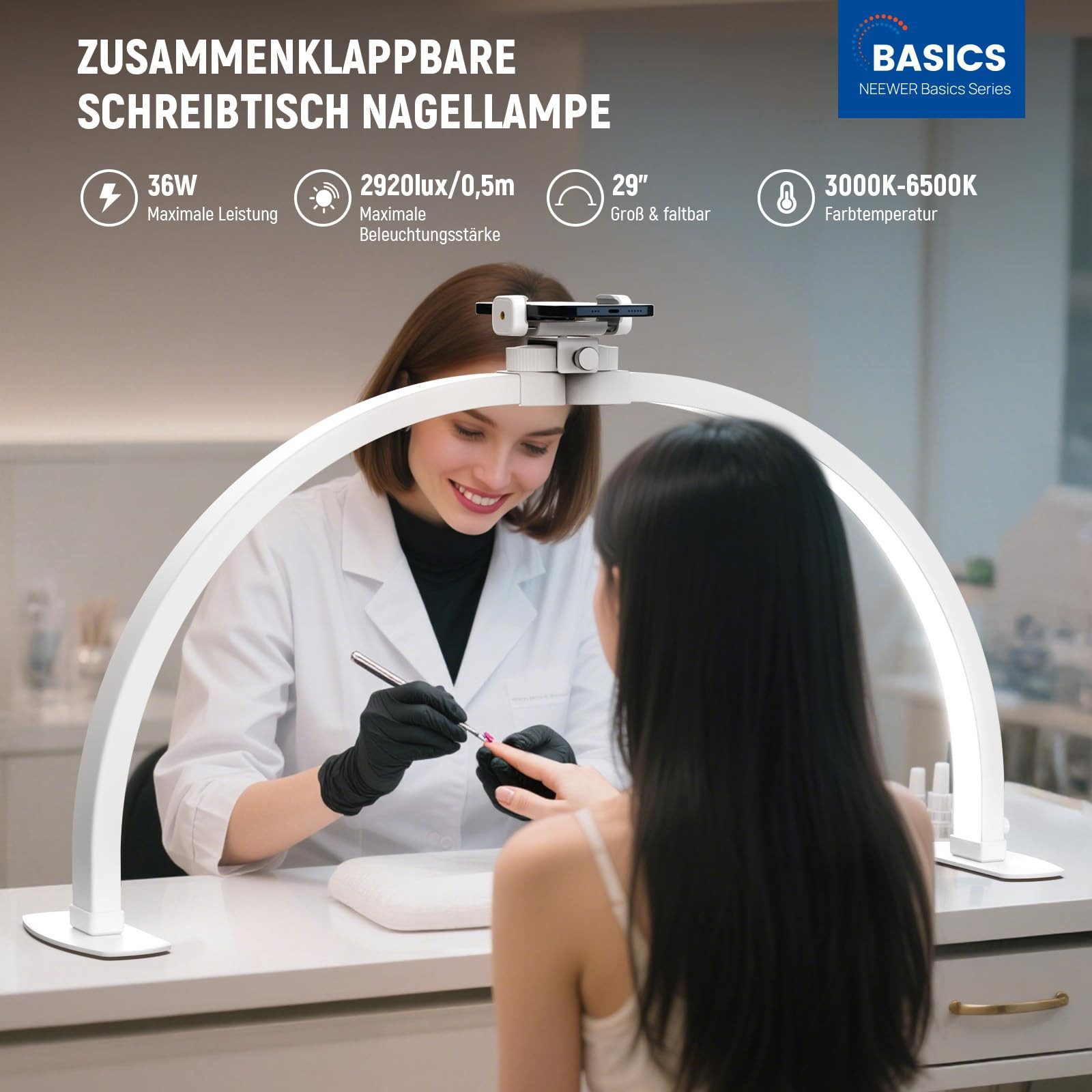 Neewer LED Schreibtischlampe HM02-D 29" Halbmond Nagellampe für Tisch, 36W, Klappbare, LED fest integriert, 3000K bis 6500K, 1 x Linker Sockel, 1 x Rechter Sockel, 1 x Telefonhalterung, 1 x Netzadapter mit langem Kabel, 1 x Benutzerhandbuch, Nagelstudio Bogenlampe, Halb Ringlicht, mit Handyhalter, für Makeup