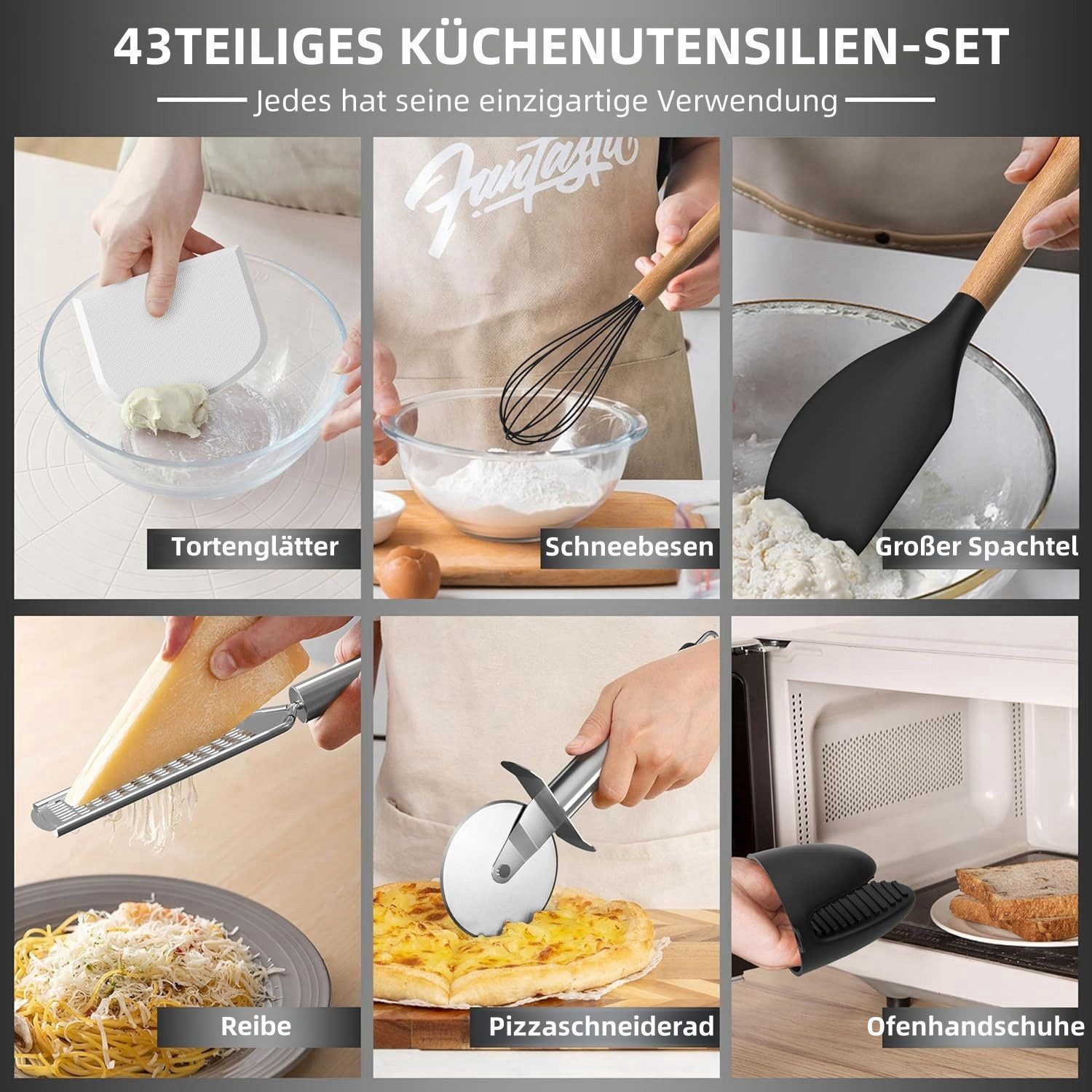 YMQHBS Kochbesteck-Set Küchenutensilien Set (43-tlg), Beste Küchenutensilien mit Halter (Set, 43-tlg., Löffel, Pfannenwender, Nudelportionierer, Pizzarädchen, R – Bild 4 von 5