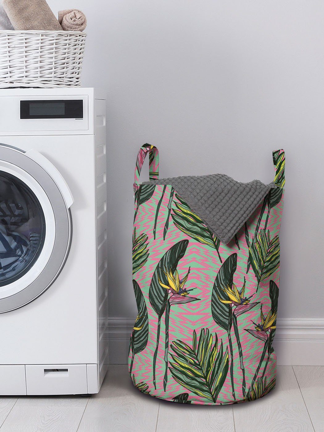 Wäschekorb mit Wäschesäckchen Griffen Kordelzugverschluss für Abakuhaus Waschsalons, Tropisch Tropic Paradiesvogel