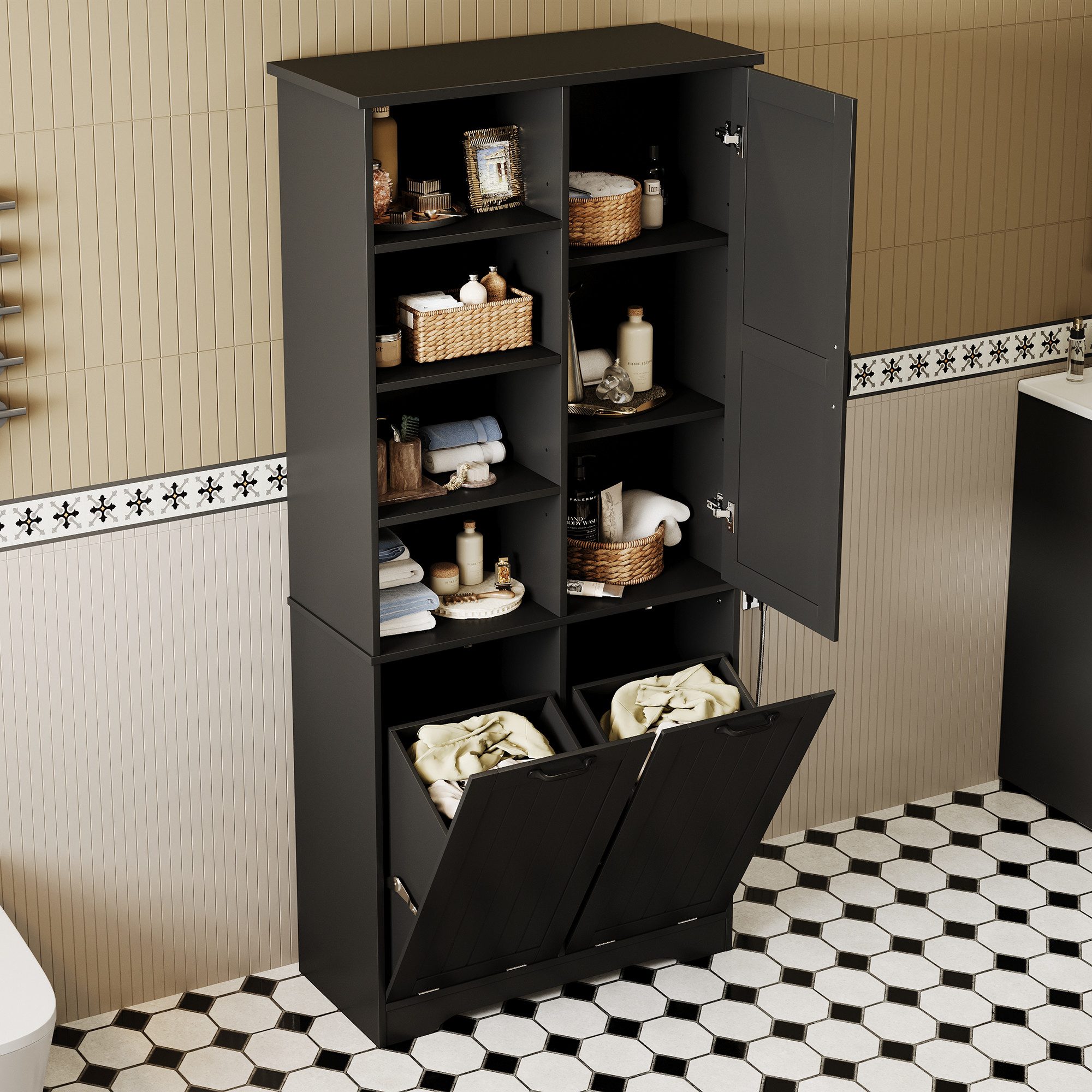 Flieks Badkommode Hochschrank mit doppelter Wäschekorb, 7 Fächern (B78/T35/H172,7 cm, 1 St., mit verstellbaren Einlegeböden und 2 Klappen), Badezimmerschrank feuchtigkeitsbeständiger Holzschrank aus MDF Schwarz