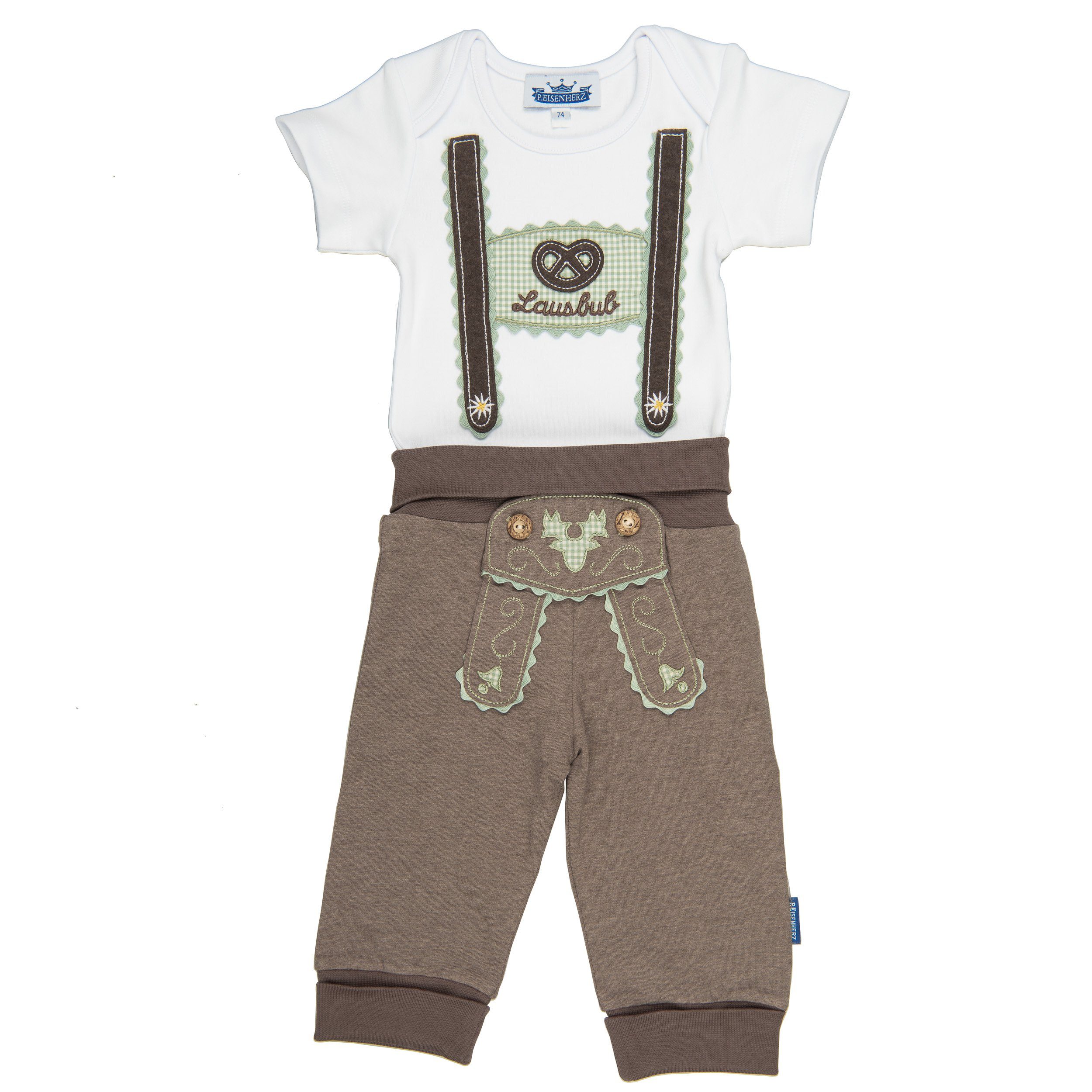 P.Eisenherz Body & Hose Trachten Set für Lausbuben im Geschenkkarton (kurzarm) (2-tlg) applizierte Hosenträger und Jogginghose im Lederhosen Look