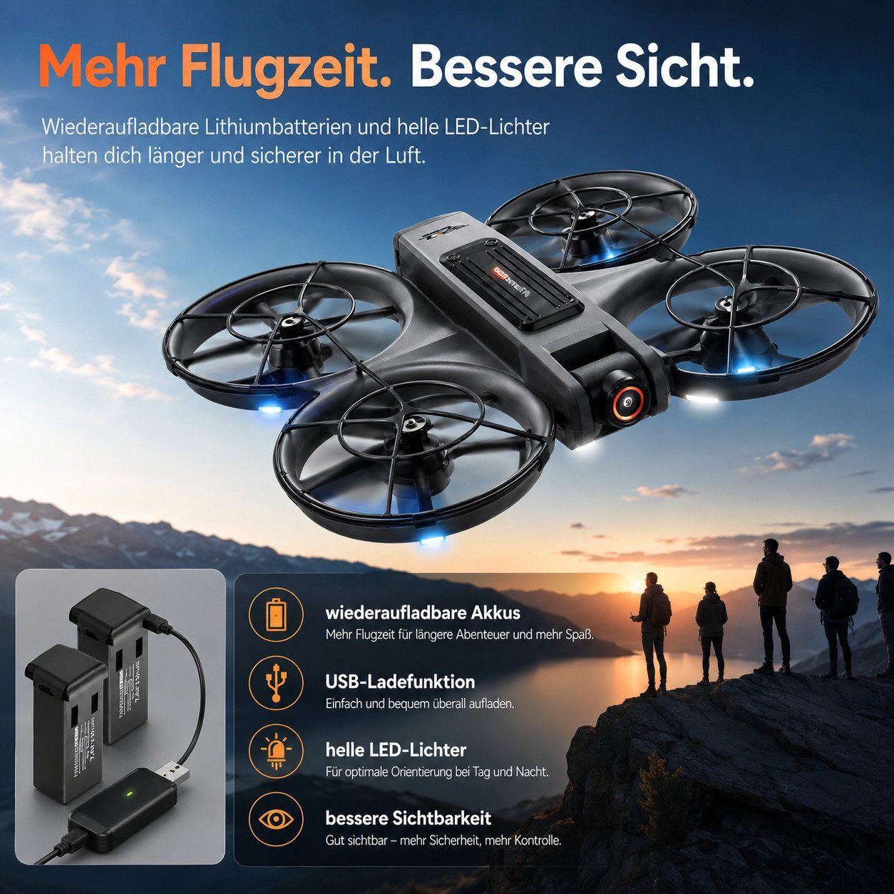 Goldstern-Tech RC-Quadrocopter (Drohne mit Dual-Kamera & Full-HD Displaycontroller, Kameradrohne, bis zu 60 Min. Flugzeit), Optical Flow, 360° Flugmodi, Propellerschutz