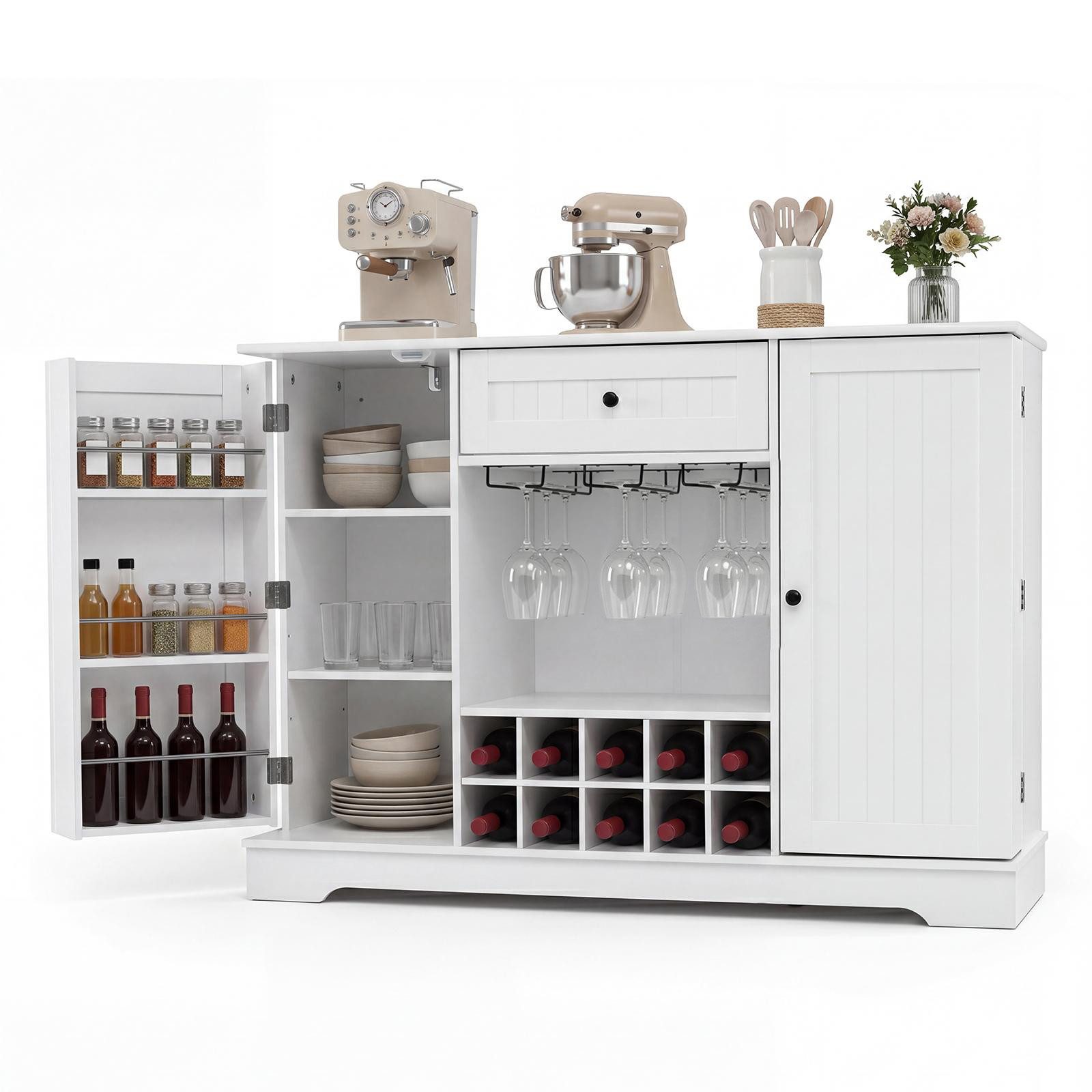 COSTWAY Küchenbuffet Schrank 120cm Breit Weiß Sideboard Wohnzimmer Holz