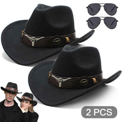 Avisto Cowboyhut Verstellbare Unisex-Cowboyhüte für Paare - inkl. 2 Hüte & Sonnenbrille (abnehmbar) Langlebig, stilvoll Gebogene Krempe