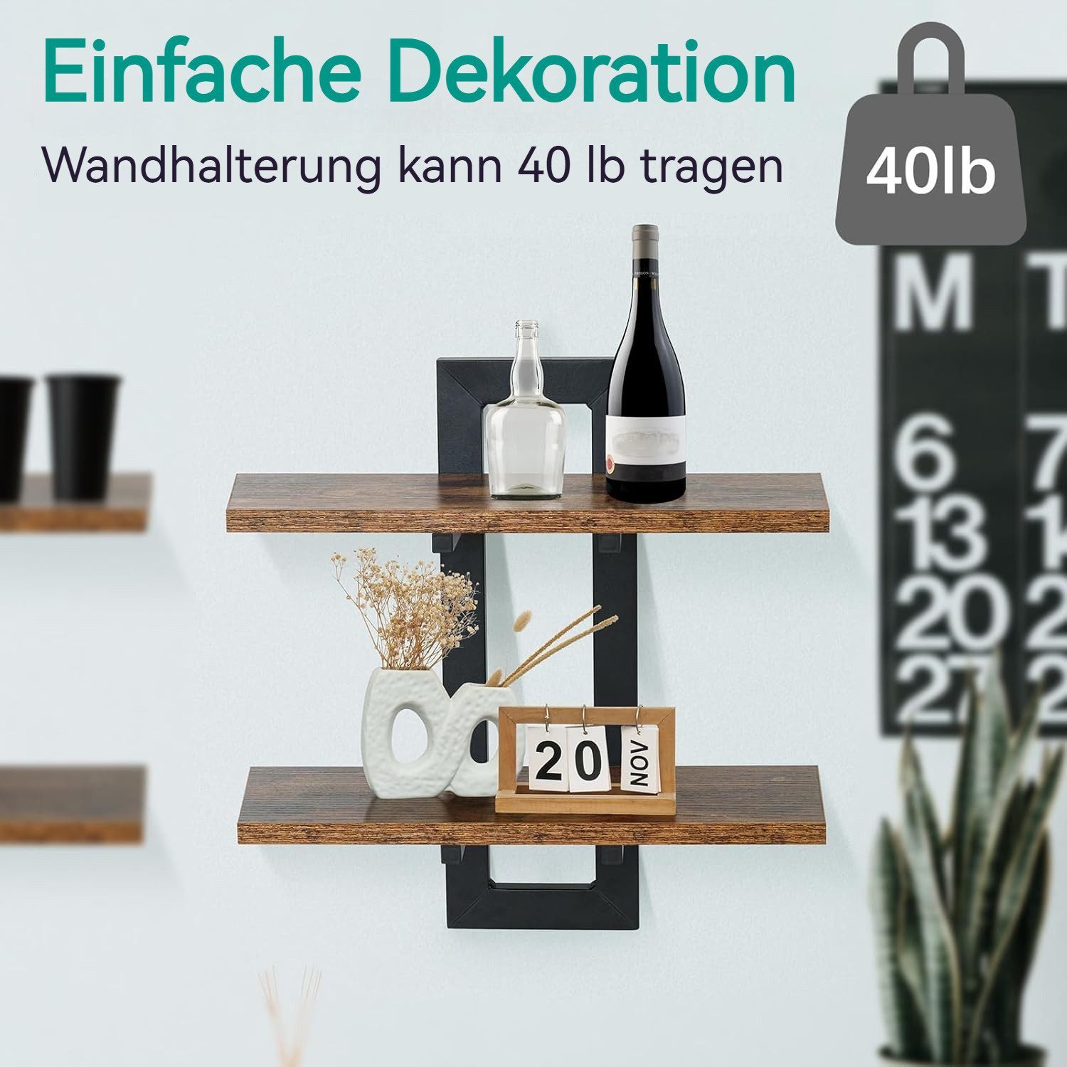 BlingBin Wandregal 2-stufige Schweberegal, Holz Wandboard, Hängende Badezimmerregale, 38*13,5*40cm, Jede Schicht kann bis zu 18 kg tragen 1-tlg., Schwebendes Regal Dekor für Küche, Bad, Wohnzimmer, Schlafzimmer