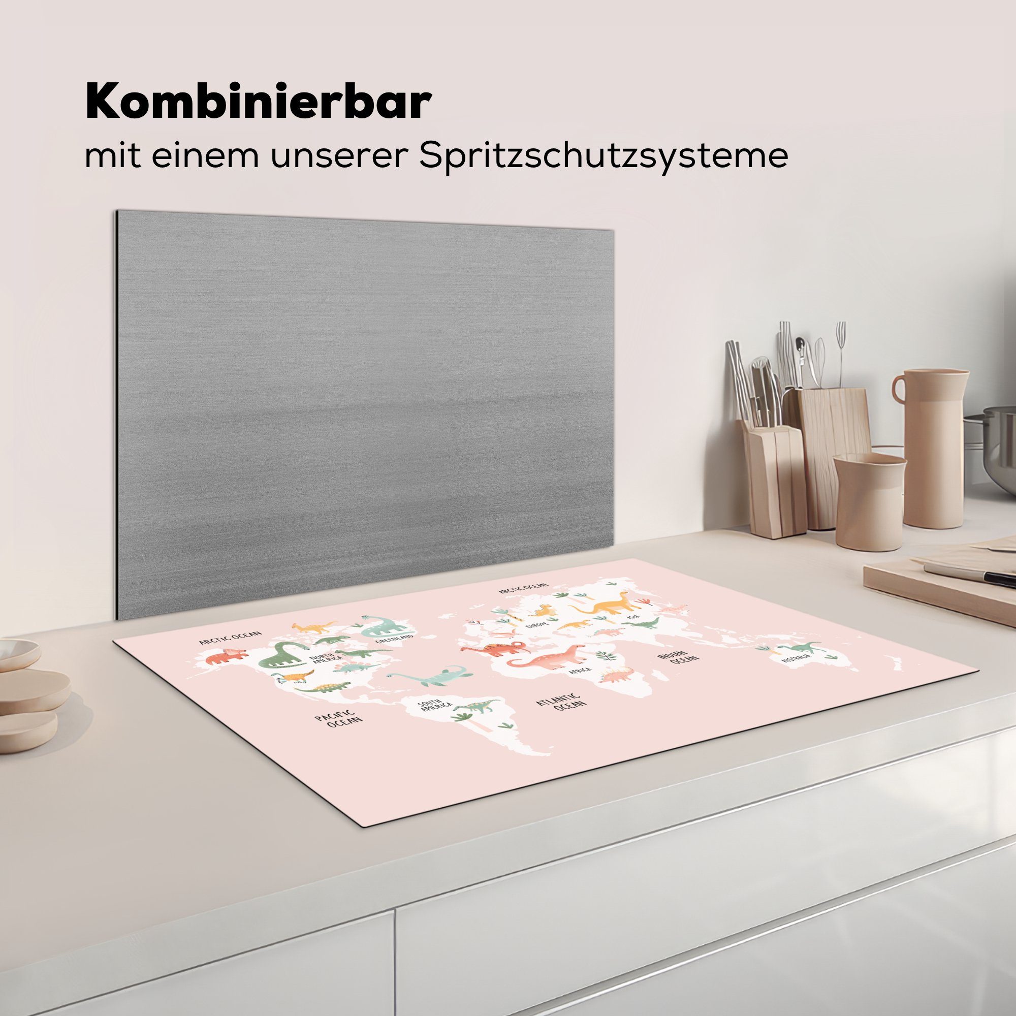 81x52 - Induktionskochfeld cm, (1 Ceranfeldabdeckung die küche, für Vinyl, Dinosaurier, Herdblende-/Abdeckplatte tlg), - MuchoWow Kinder Schutz Weltkarte