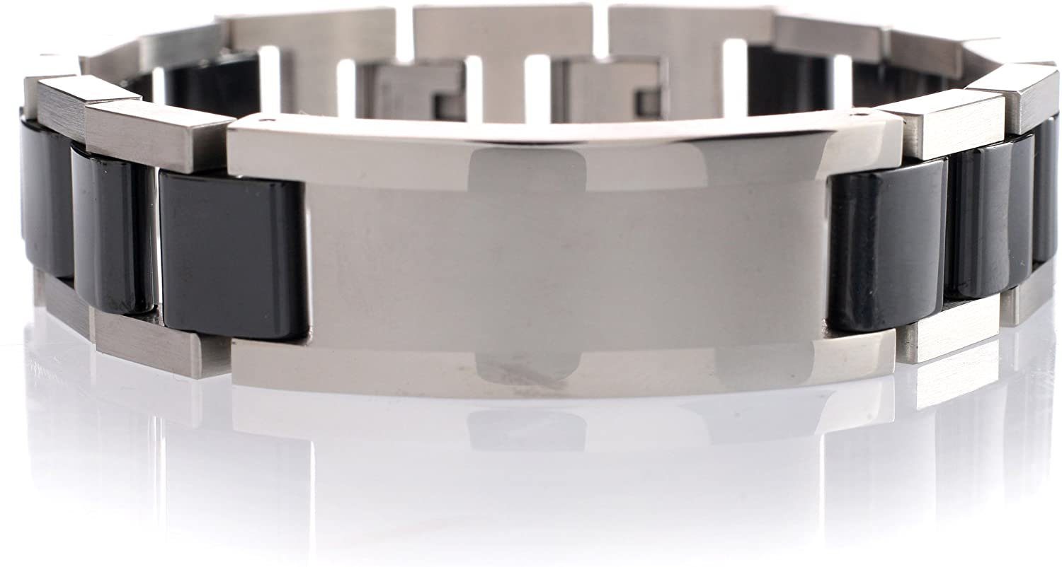 Karisma Edelstahlarmband Herren Heavy Edelstahl 316 Armreif - Schwarze Keramik Glieder -, Platte Teil Matt Teil Glänzend Breite 16mm- B072.03.B.2T