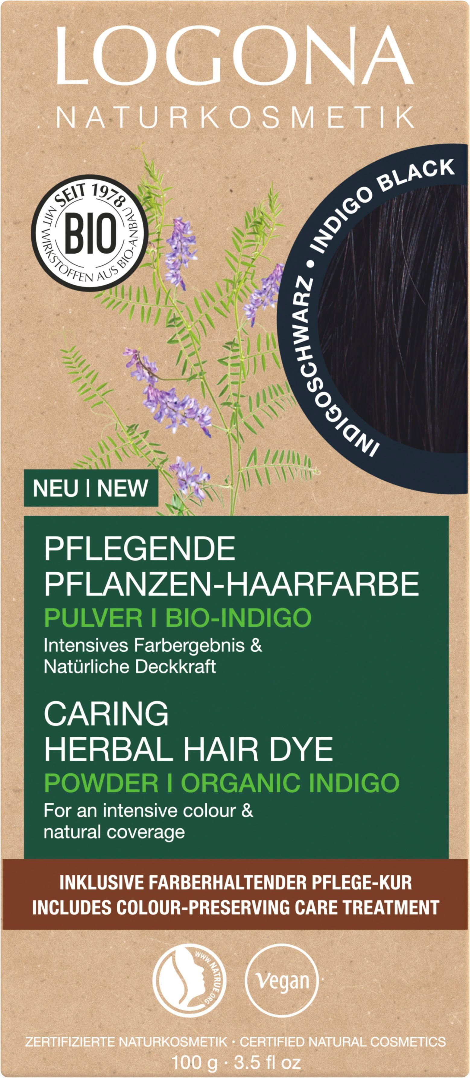 LOGONA Haarfarbe Pflanzen-Haarfarbe Pulver, Inklusive Farberhaltender  Pflegekur Bio-Brennnessel