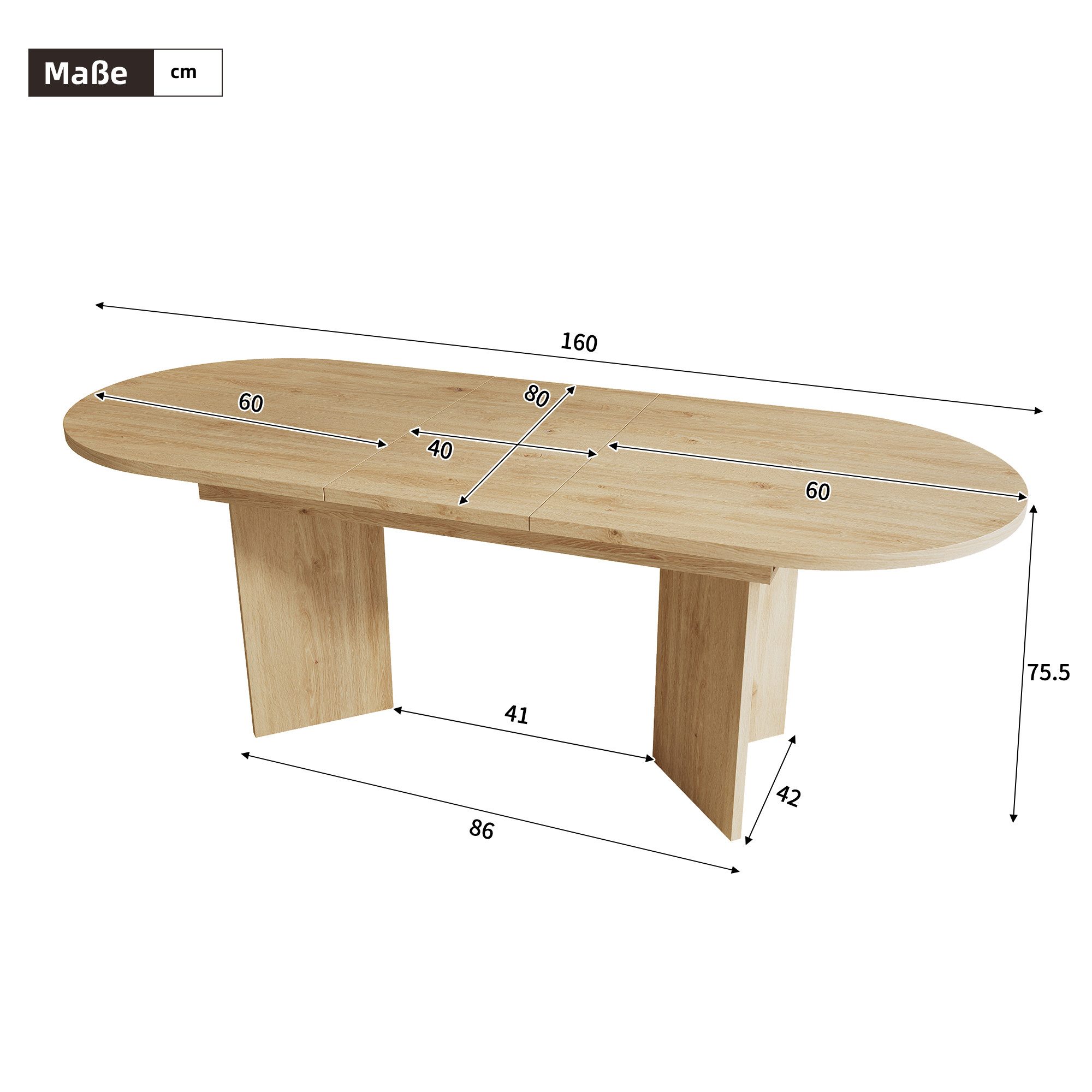 Flieks Esstisch (Länge 120-160/T80/H75 cm, 1-St., 1 Tisch), ausziehbarer Küchentisch ovaler Tisch Holzoptik, Eichenfarbe – Bild 5 von 5