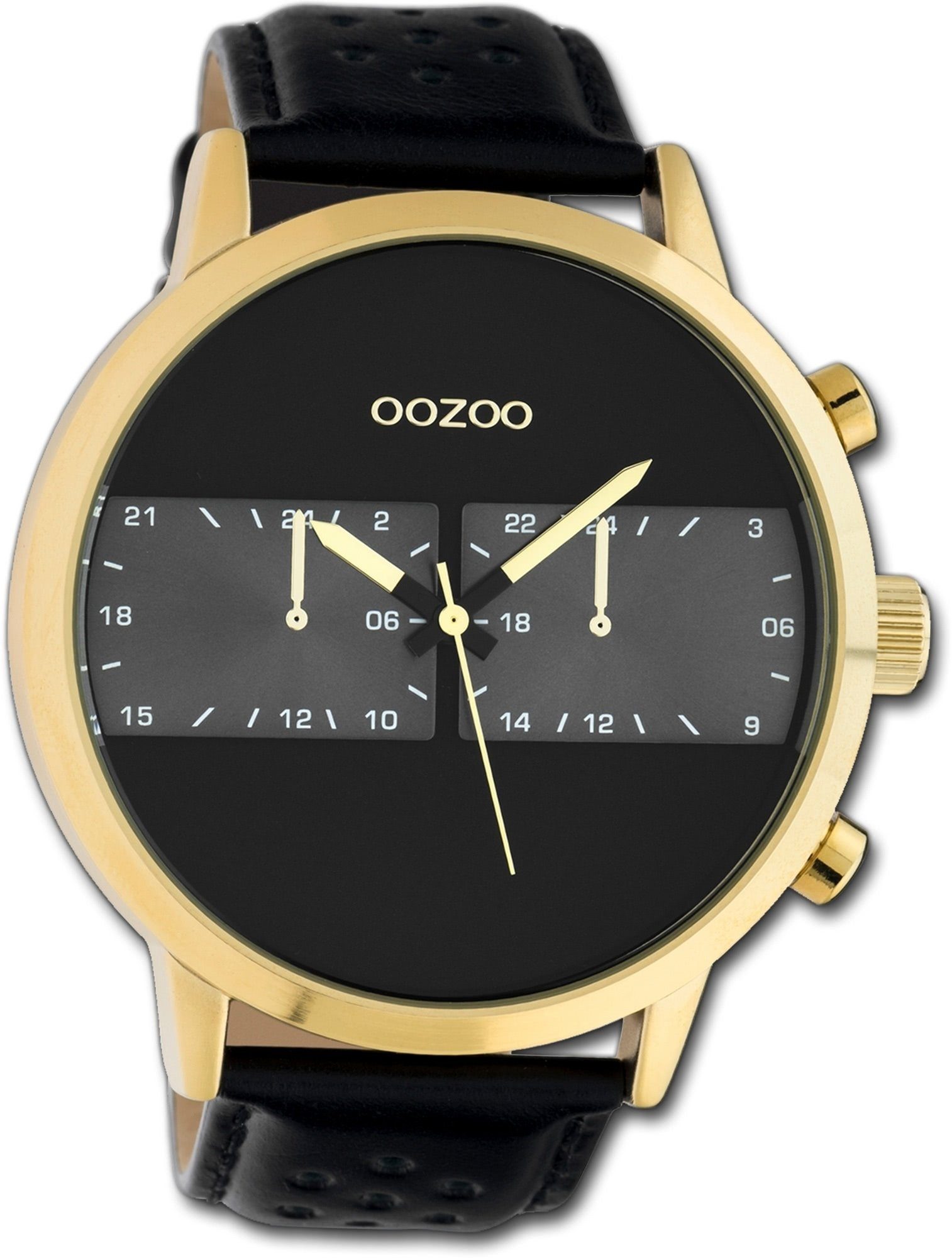 OOZOO Quarzuhr Oozoo Leder Herren Uhr C10516 Quarzuhr, Herrenuhr Lederarmband schwarz, rundes Gehäuse, extra groß (ca. 50mm)