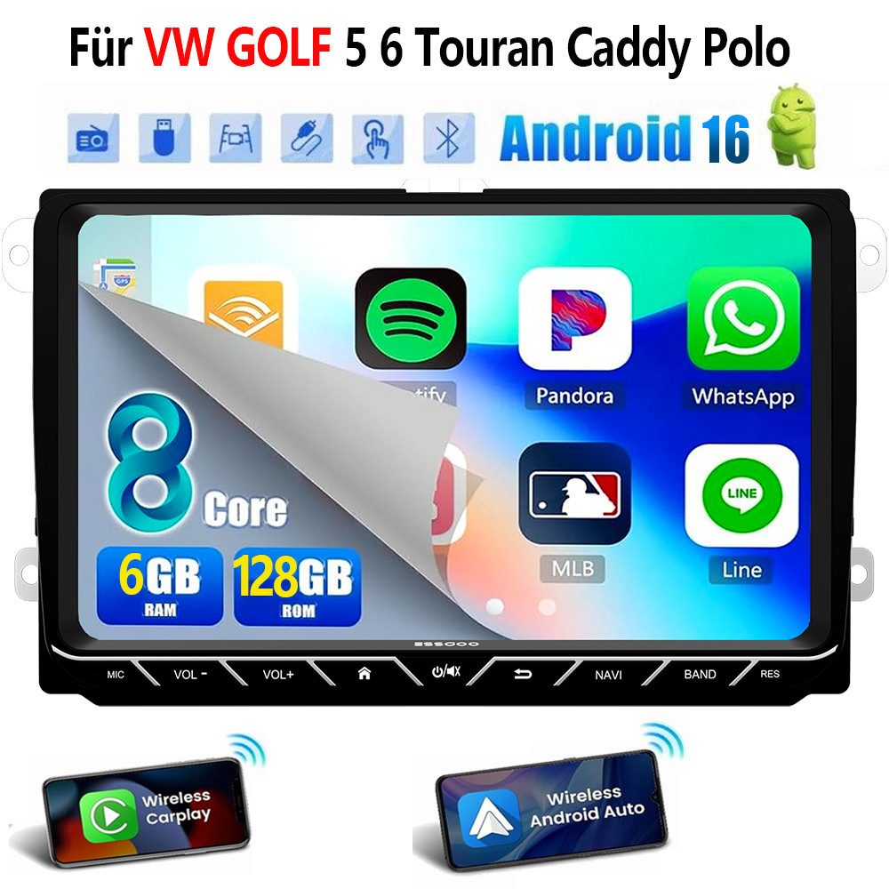 ESSGOO DAB+ Android16 6+128G Carplay GPS 4G Für VW GOLF 5 6 Touran Caddy Polo Autoradio (6GB+128GB, RDS, 4G LTE, FM, AM, DAB+ (optional), SWC, Carplay Android Auto Bluetooth EQ USB GPS Navi WIFI Touchscreen)