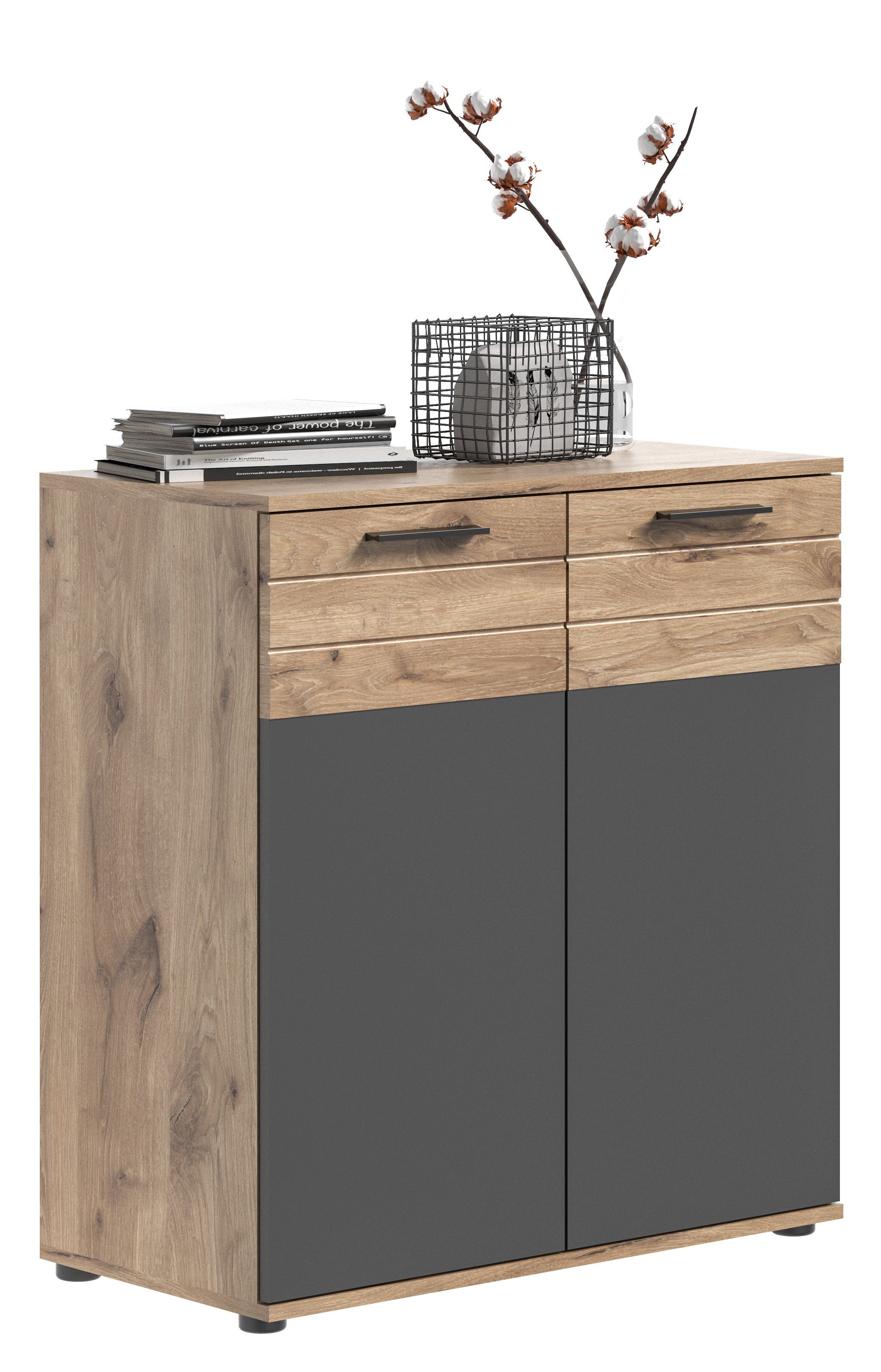 Newroom Kommode Stanley, Kommode Eiche Basalt Grau Industrial Sideboard Highboard Wohnzimmer