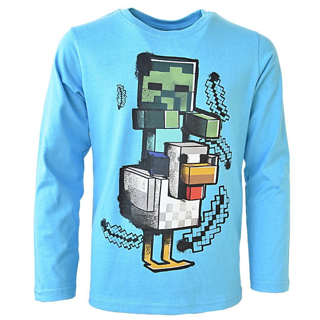 Minecraft Langarmshirt Zombie & Huhn Kinder Jungen Gamers Shirt aus  Baumwolle Größe 116 cm-152 cm