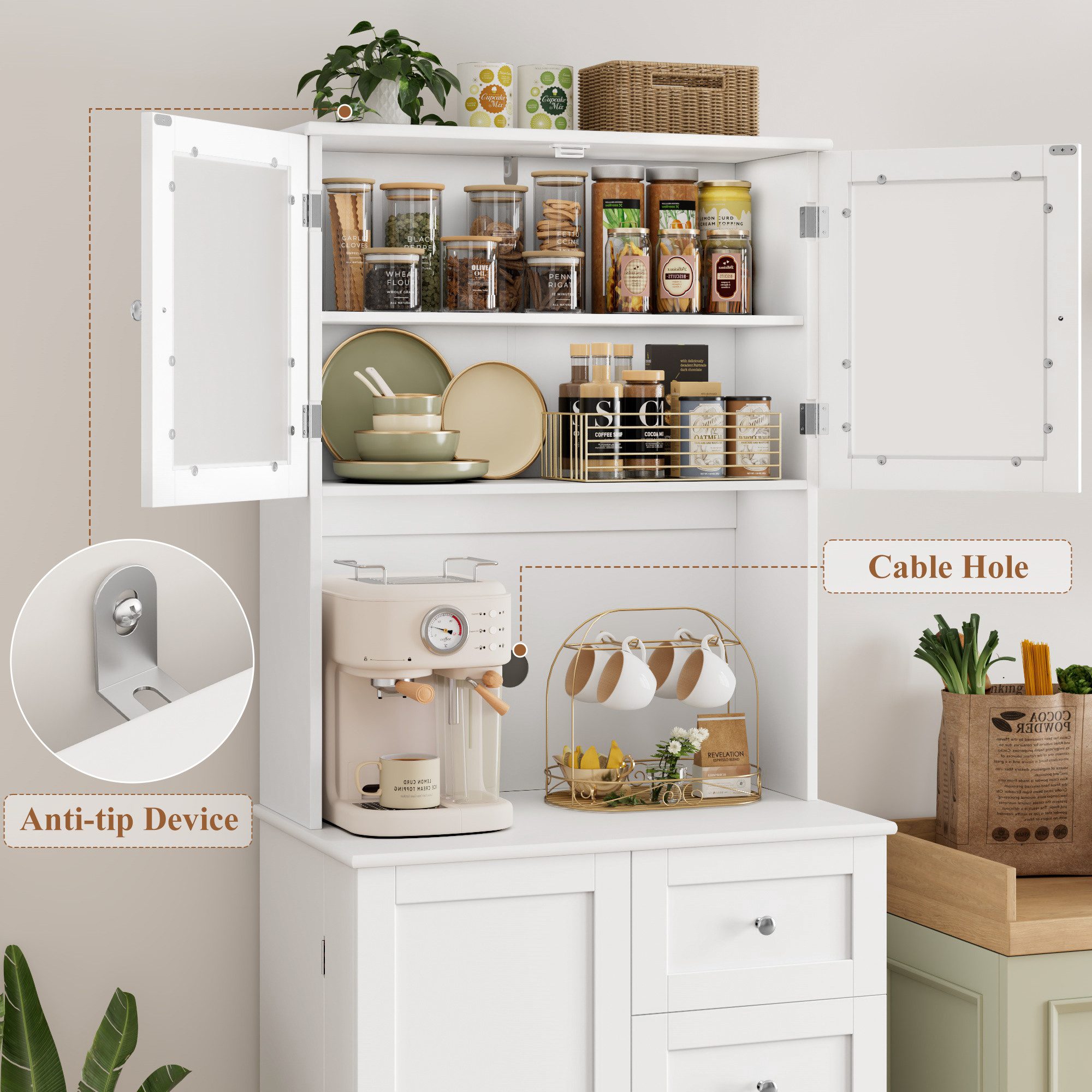 HOMECHO Küchenbuffet 182.5cm Küchenschrank mit 4 Türen und 2 SchubladenWeiß – Bild 4 von 5