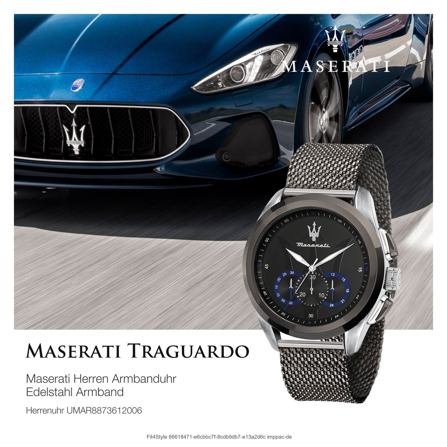 Uhr 55x45mm) Chronograph, Made-In Maserati Italy Herrenuhr grau MASERATI (ca. groß Chronograph Edelstahlarmband, Herren rund,