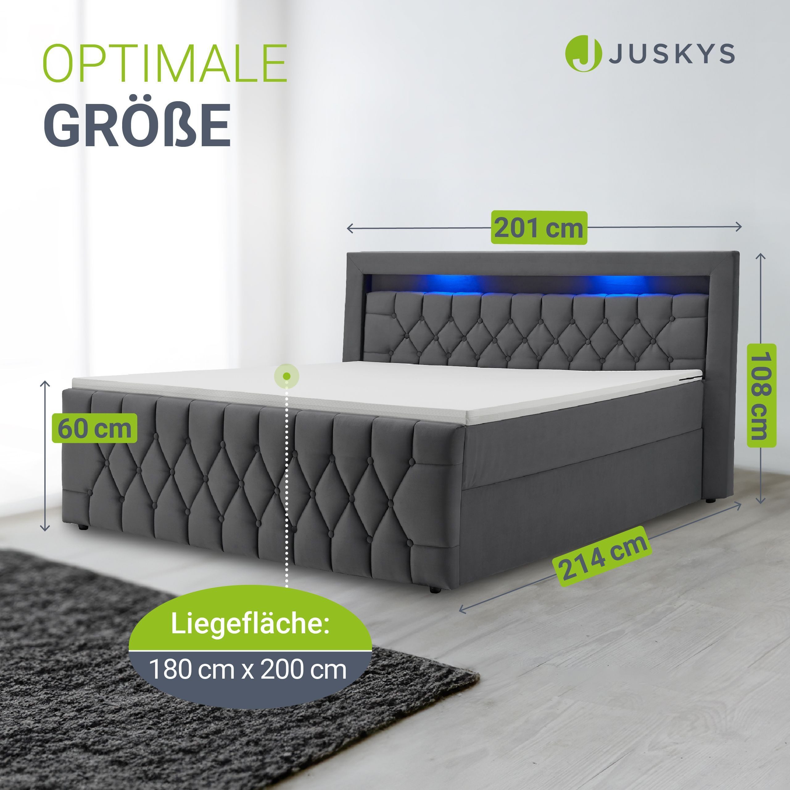 Juskys Polsterbett Leona, 180x200 cm, Boxspringbett-Optik, Samt-Bezug, LED-Licht, H4 Matratze
