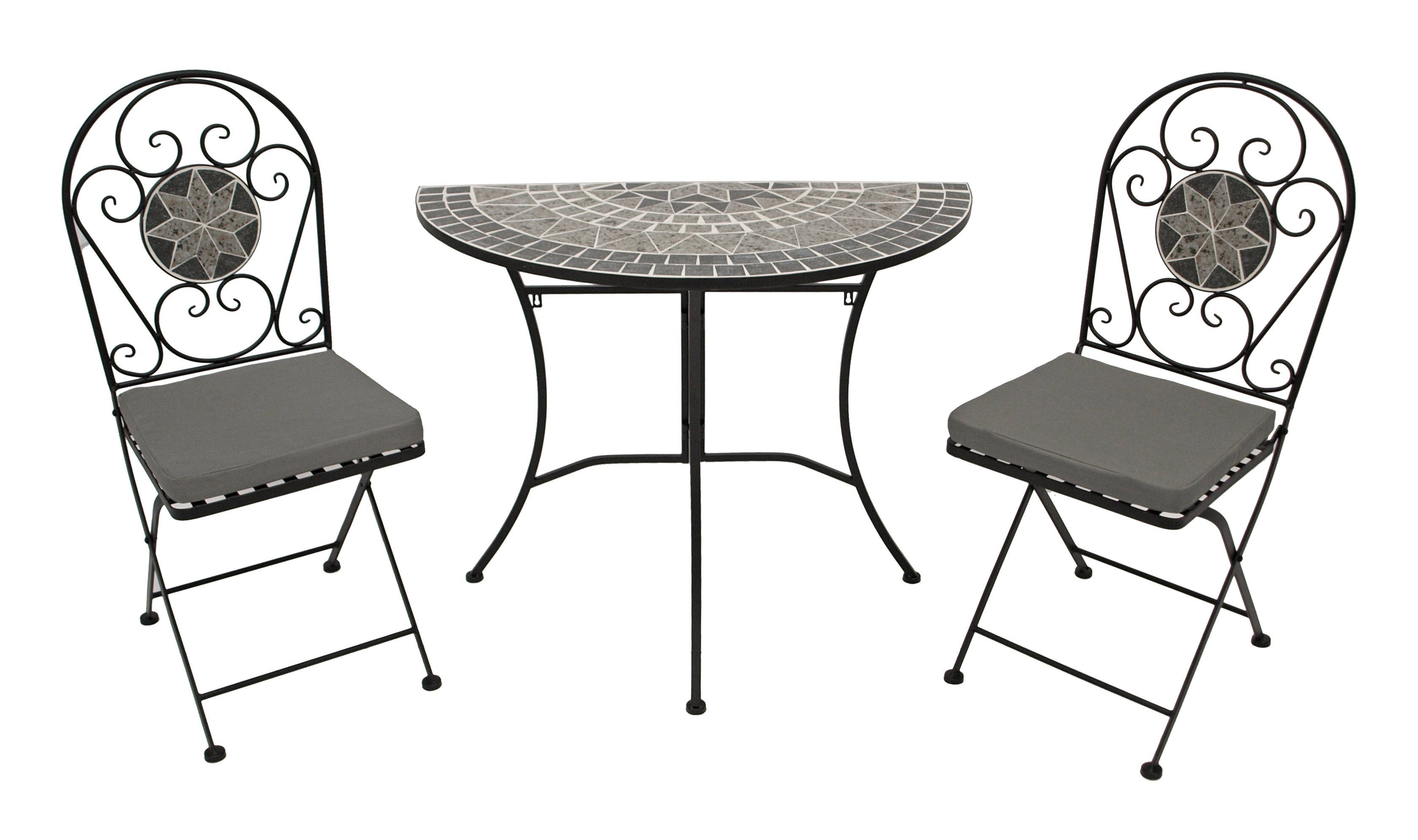 DEGAMO Balkonset SIENA, (3-tlg), 2x Klappstuhl und 1x Wandtisch halbrund 45x90cm, Mosaik-Dekor grau