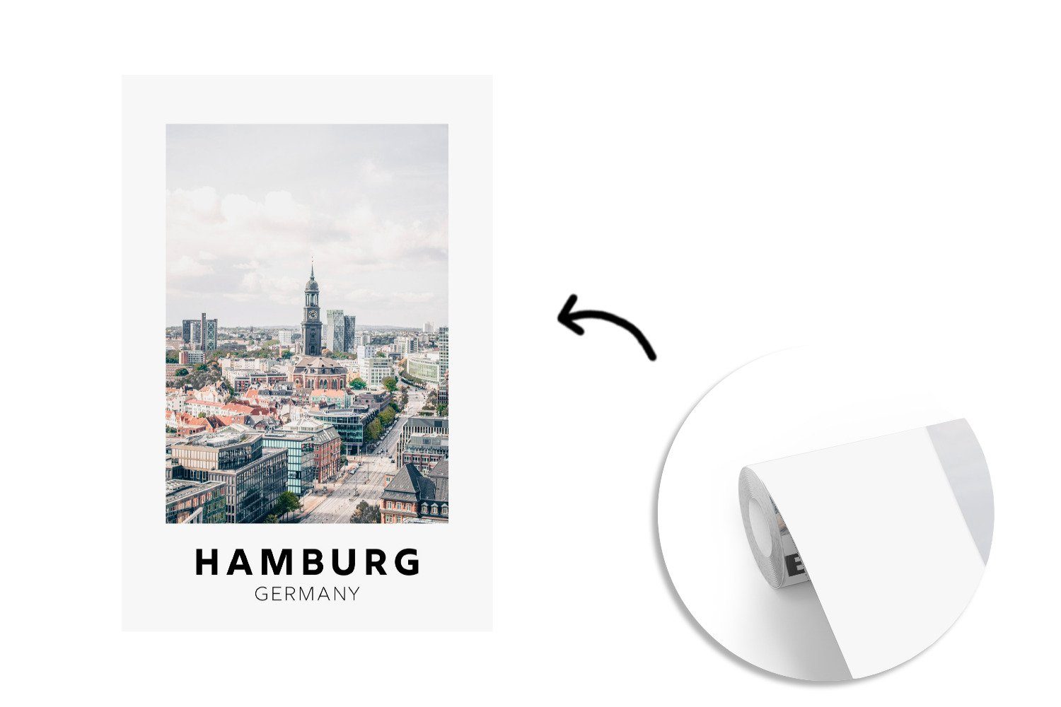 - Fototapete für MuchoWow Hamburg Montagefertig Tapete bedruckt, Vinyl Deutschland - Matt, Turm, St), Wohnzimmer, (3 Wandtapete