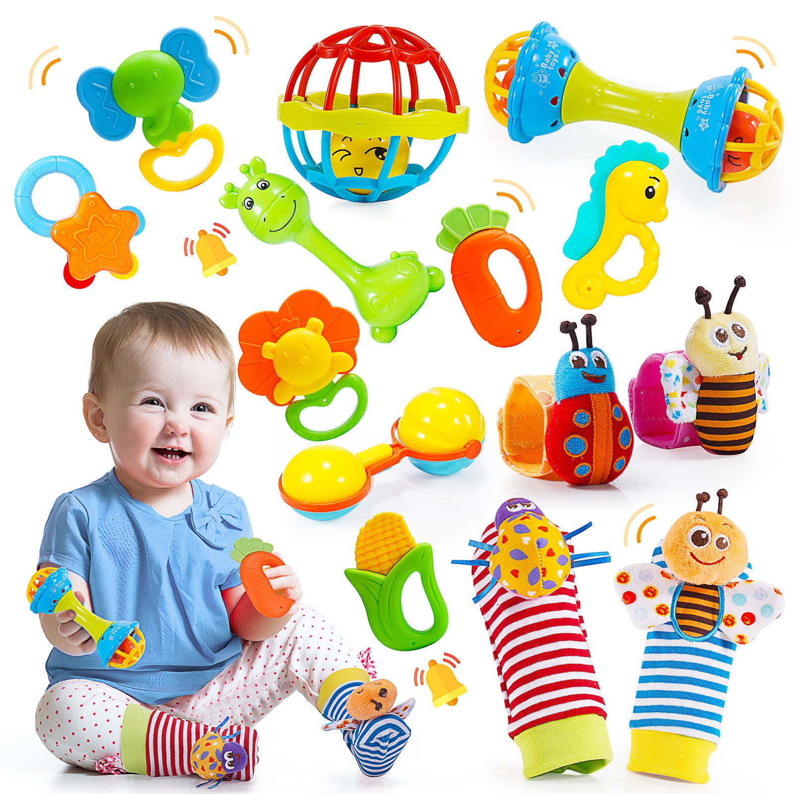 Frentree Lernspielzeug Baby Spielzeug, 14 Teile: Rasseln, Beißring, Montessori Spielzeug