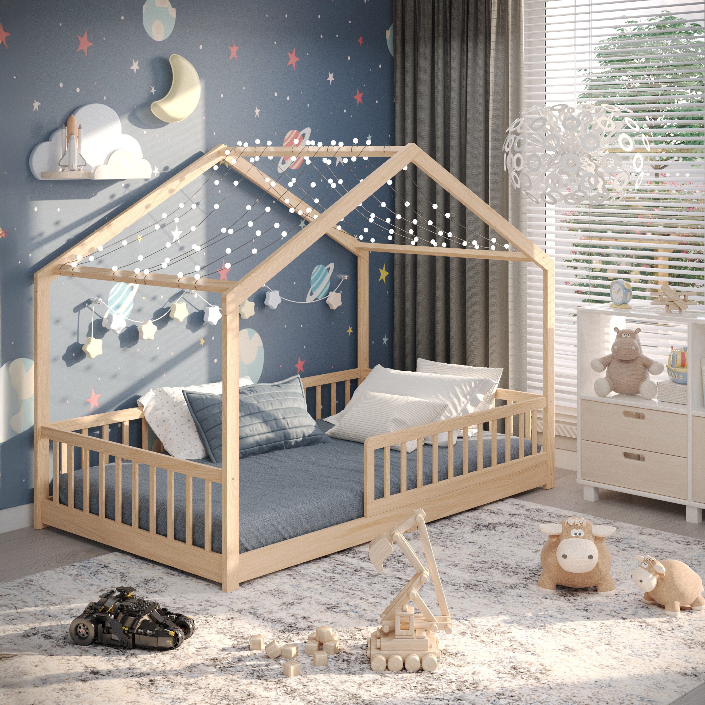 CADANI Kinderbett Malte Hausbett Bodenbett Rausfallschutz abnehmbar bis 200 günstig online kaufen