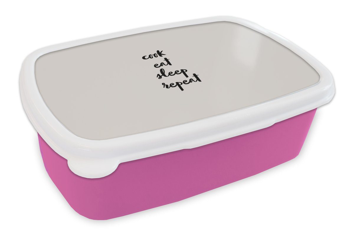 MuchoWow Lunchbox Zitate - Essen - Sprichwörter - Kochen essen schlafen wiederholen -, Kunststoff, (2-tlg), Brotbox für Erwachsene, Brotdose Kinder, Snackbox, Mädchen, Kunststoff rosa