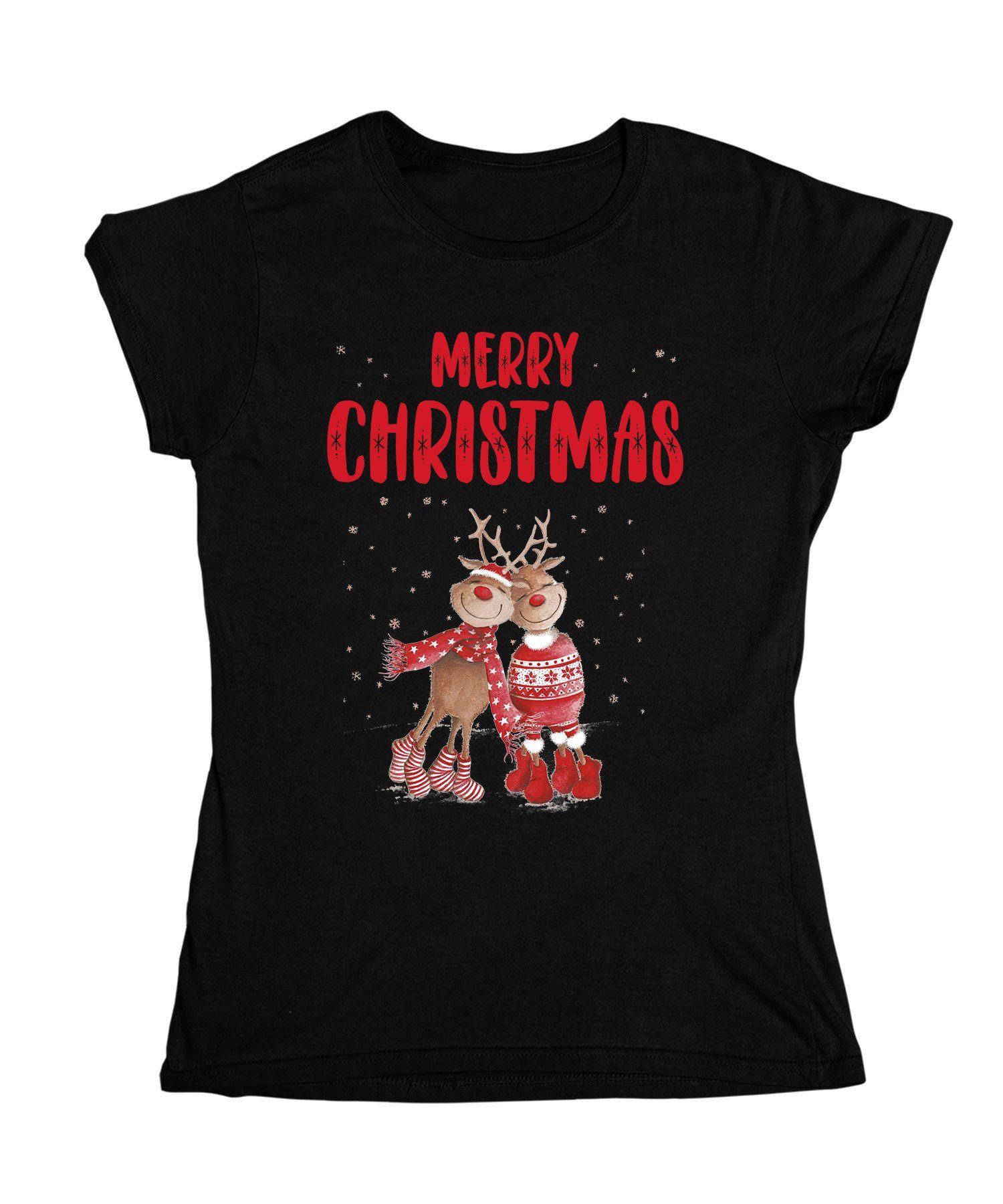 Merry Rentiere Formatee Christmas Damen Weihnachten (1-tlg) Kurzarmshirt Quattro T-Shirt