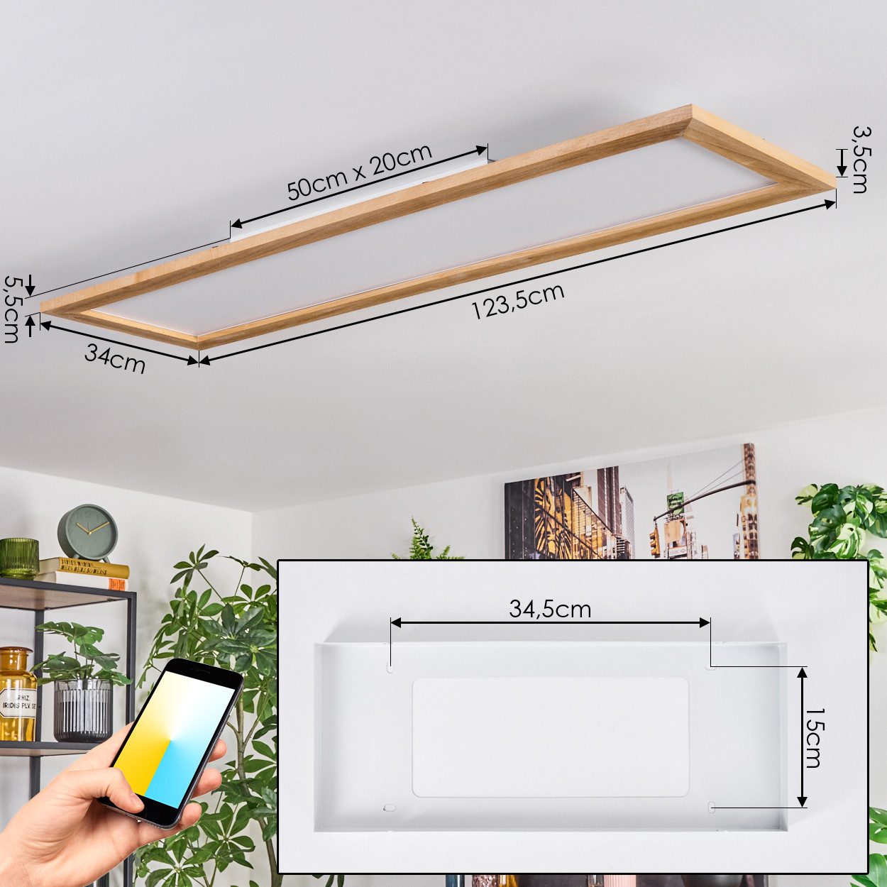 hofstein Panel dimmbare Deckenleuchte aus Metall/Holz/Kunststoff in Weiß/Natur, LED wechselbar, Deckenleuchte Smart Home/App fähig, 2700-6500 Kelvin, CCT einste – Bild 4 von 5