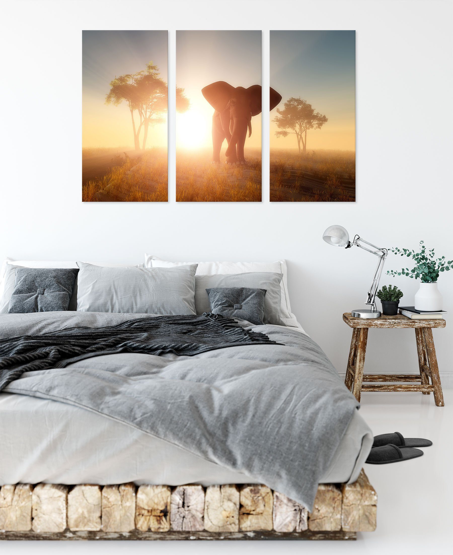 (120x80cm) Leinwandbild der Pixxprint (1 Elefant Wüste 3Teiler der fertig bespannt, inkl. in Elefant Leinwandbild Wüste, Zackenaufhänger in St),