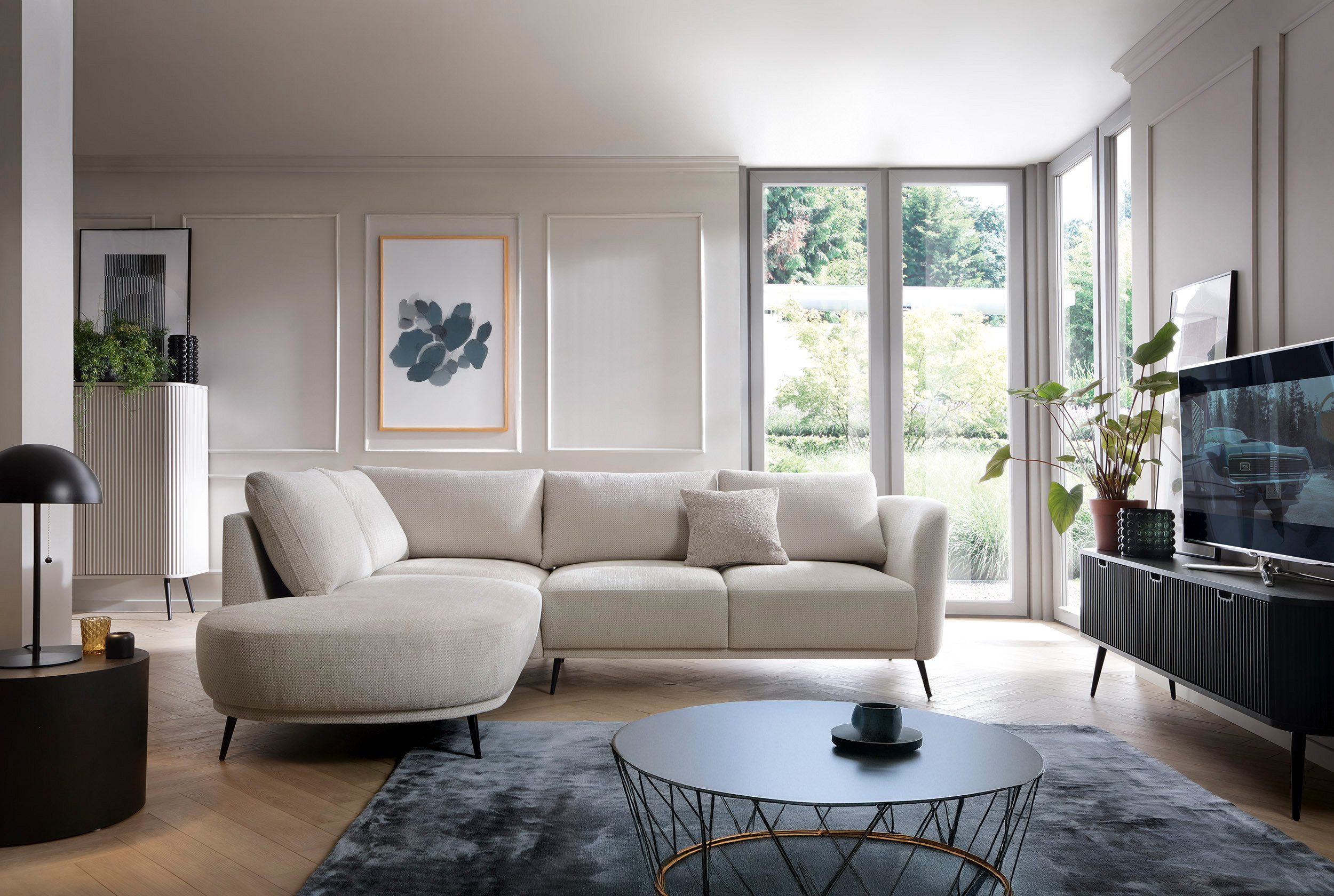 Goldstoff Ecksofa mit Schlaffunktion & Bettkasten - L-Form - Aurora mit Recamiere, Couch mit Bettkasten und Schlaffunktion, Langlebige Materialien, Modernes Design, Pflegeleichter Bezug