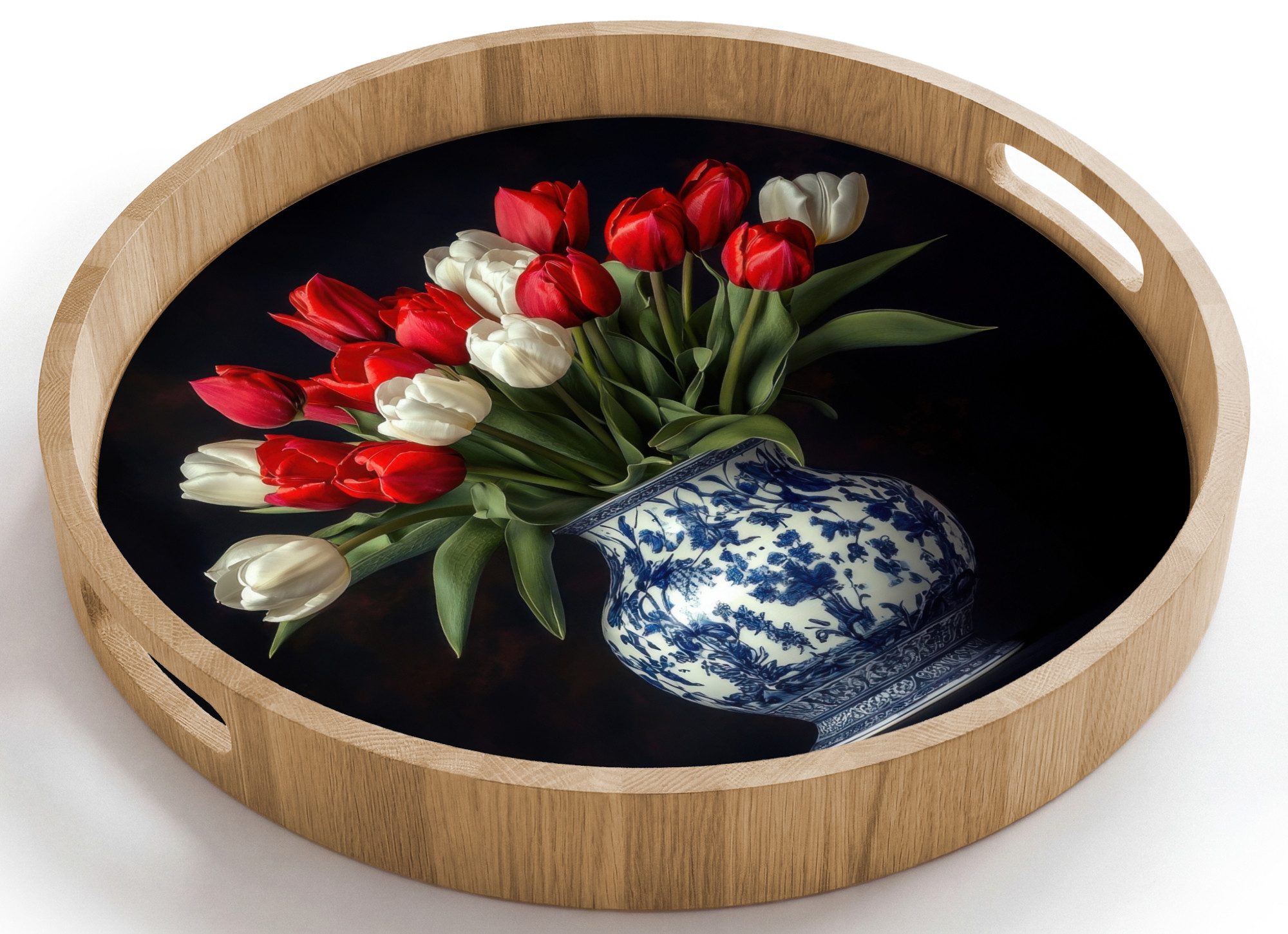 OnlyWow Tablett Rund mit Henkel Rot - Blumen - Tulpen - Vase, Eichenholz, (1-tlg), Siervierplatte, Tray, Frühstücksbrett