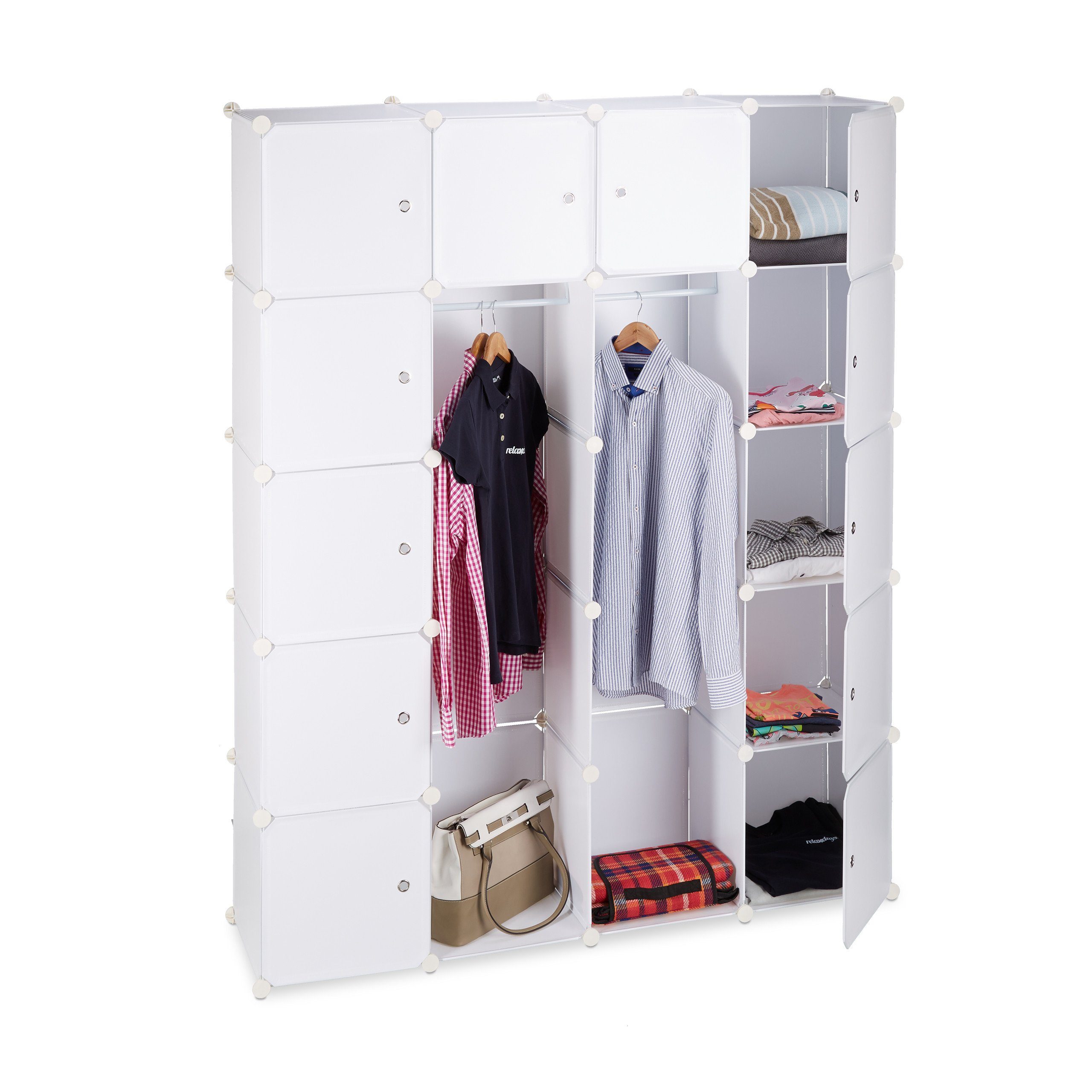 relaxdays Kleiderschrank Kleiderschrank weiß Fächer 14 Weiß | Weiß Stecksystem