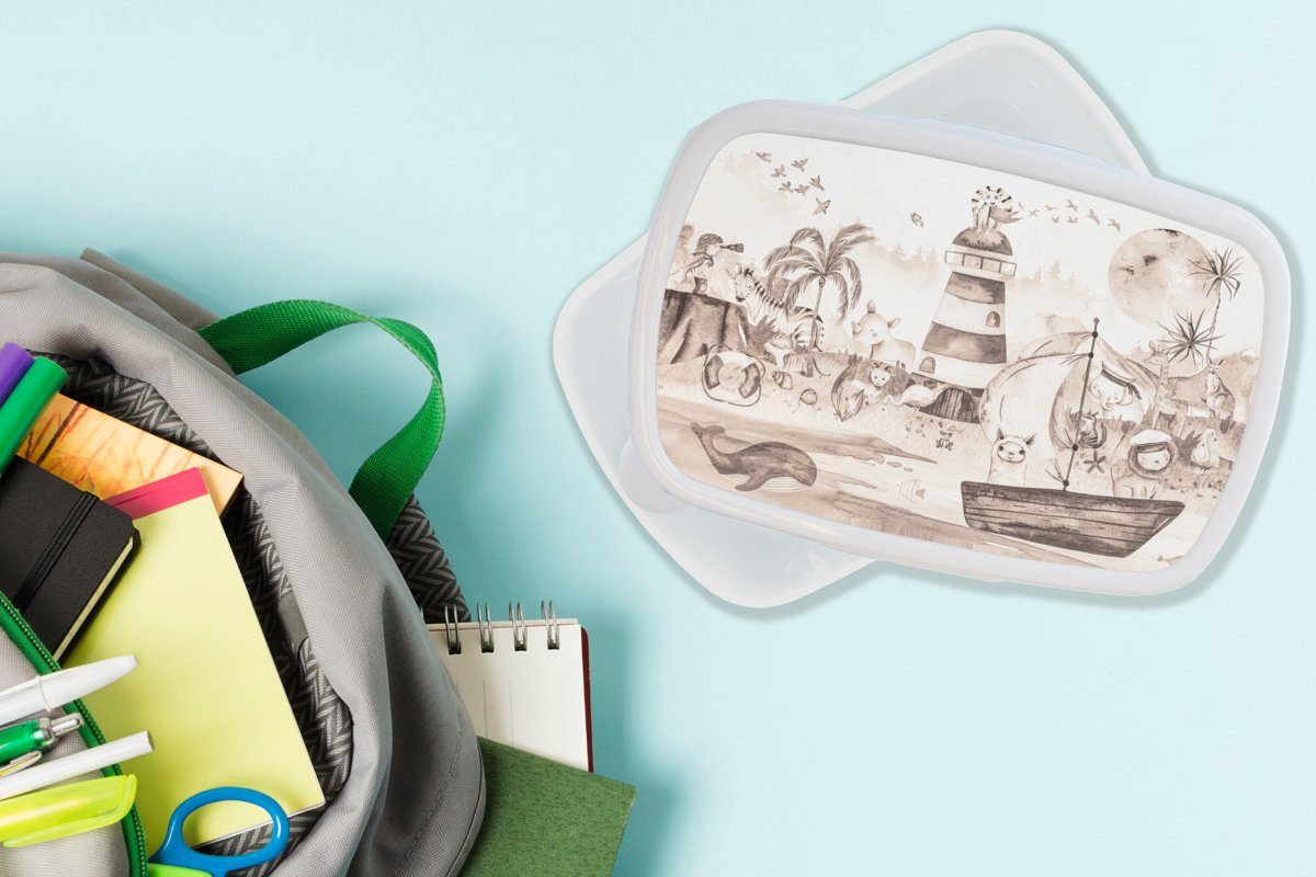 Kinder - Alpaka Strand Brotbox - Meer MuchoWow und (2-tlg), Tiere, - Jungs - und Lunchbox Erwachsene, Kunststoff, Brotdose, - weiß Leuchtturm Kinder für für Mädchen