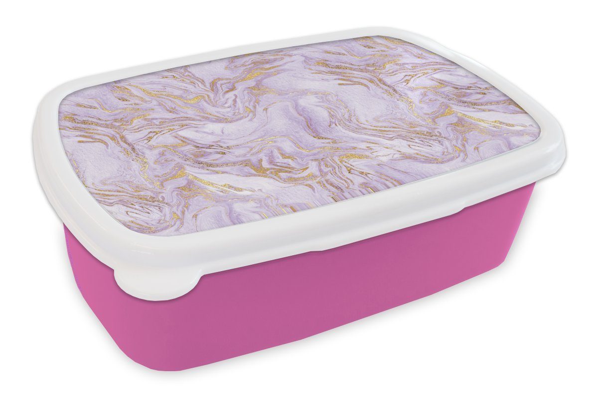 MuchoWow Lunchbox Abstrakt - Marmor - Gold - Muster, Kunststoff, (2-tlg), Brotbox für Erwachsene, Brotdose Kinder, Snackbox, Mädchen, Kunststoff rosa