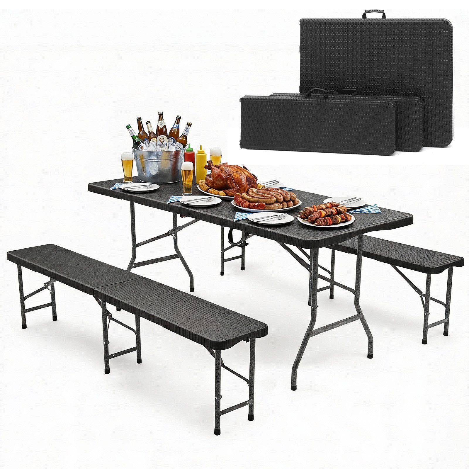 Sekey Bierzeltgarnitur Klappbar Bierzeltgarnitur 180cm Festzeltgarnitur Biertisch Set, 3-teilig, Tisch + 2 x Bierbank, Gartenmöbel Set