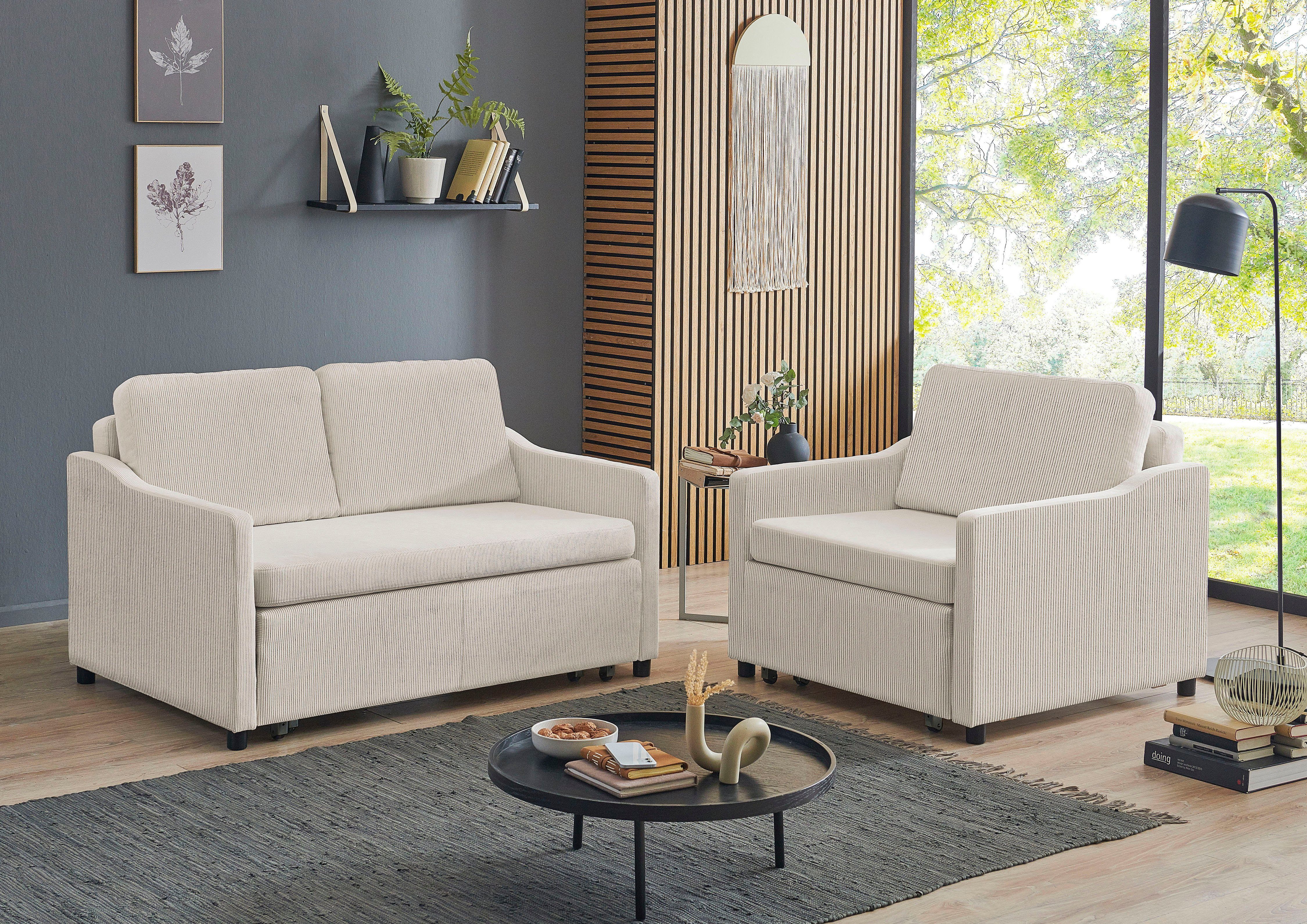 Schlafsofa Schlaffunktion, creme frei im home ATLANTIC mit Cord-Bezug, stellbar Raum mit Anella, collection