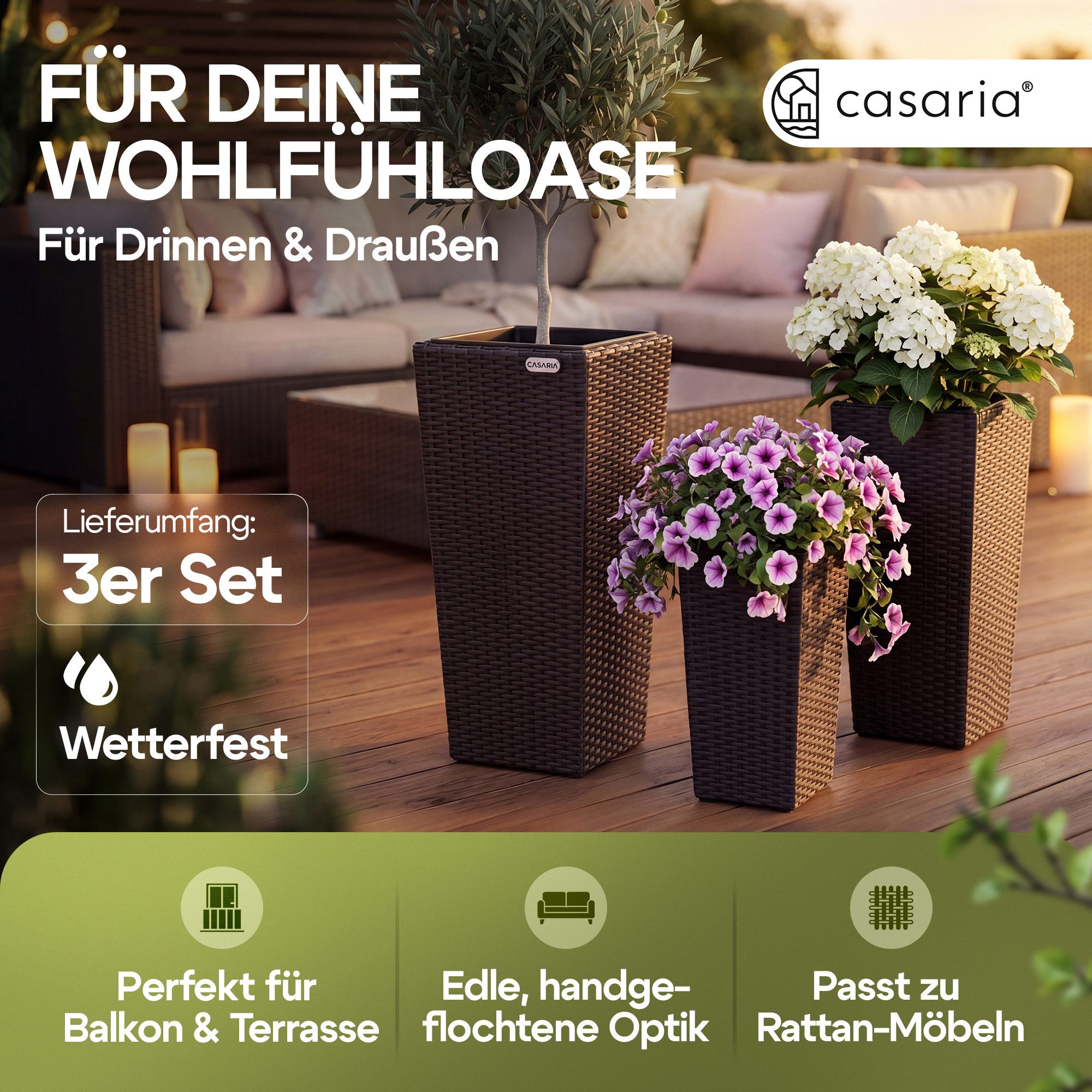 Casaria Pflanzkübel, Casaria Blumentopf 3er Set Polyrattangeflecht Übertopf Wasserabfluss