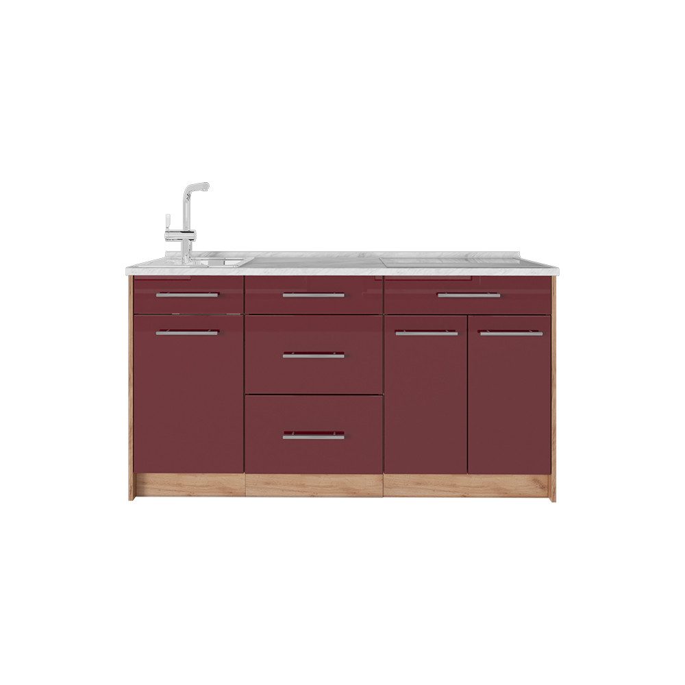 Vicco Küchenzeile Fame-Line, Bordeaux Hochglanz, 150 cm, AP Marmor