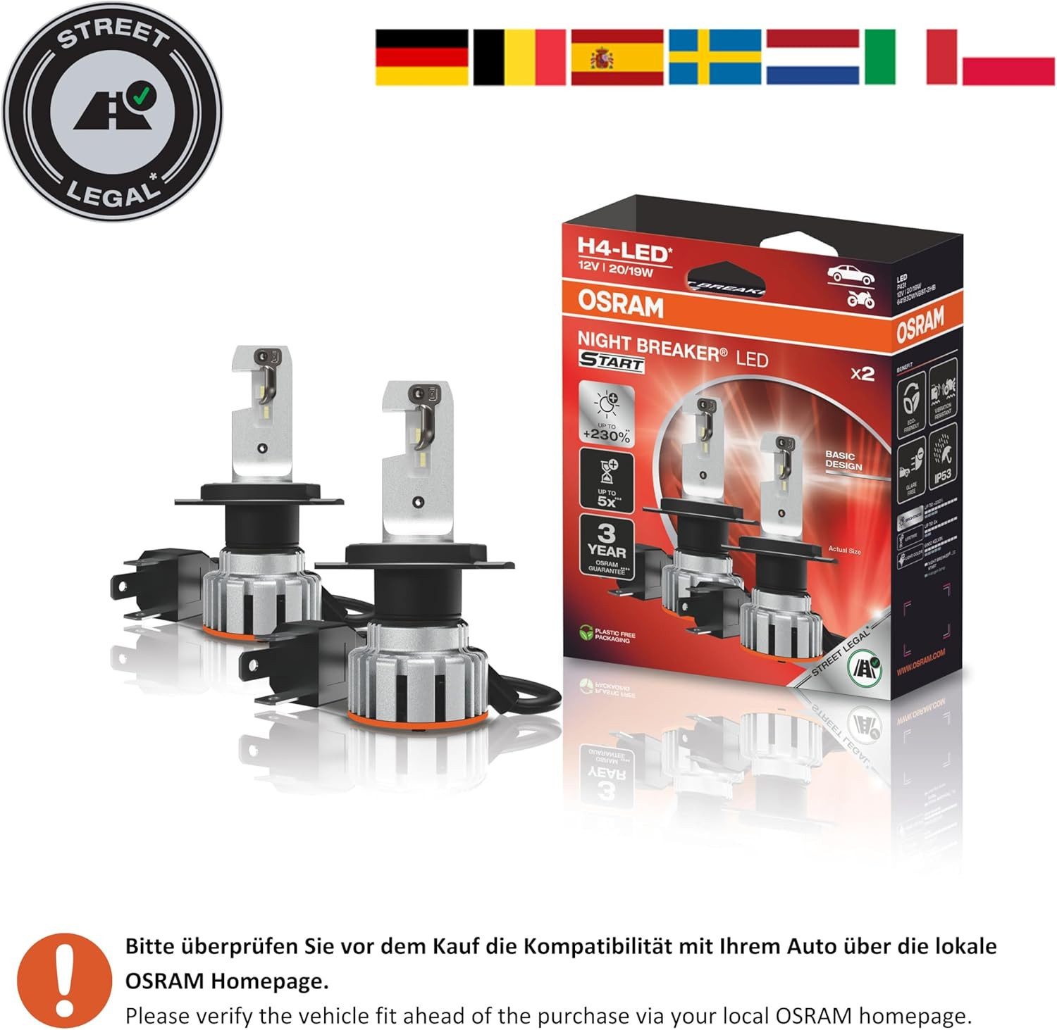 Osram KFZ-Ersatzleuchte H4 NIGHT BREAKER LED 230% StVZO-Konforme LED 2St., Kaltweiß