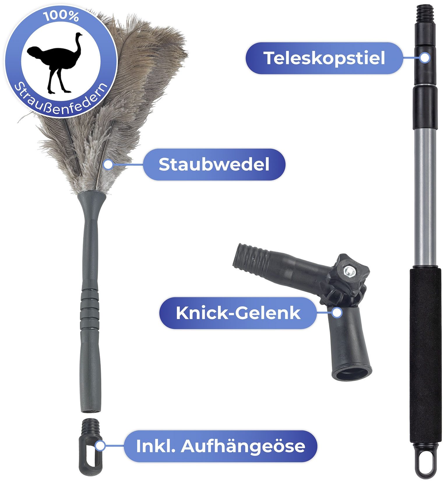 Maximex Staubwedel Straußenfeder mit Knickgelenk und Teleskopstiel, Staubbesen, knickbar, für empfindliche Oberflächen