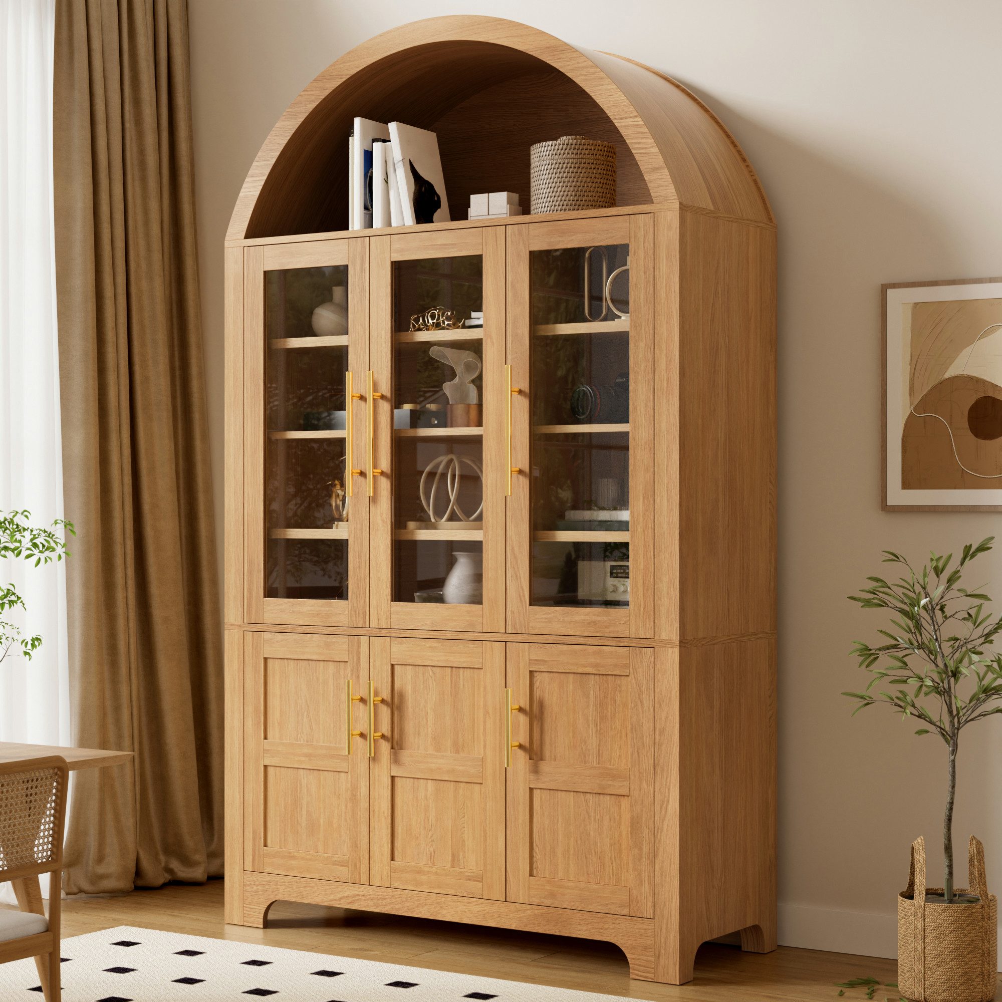 Merax Hochschrank mit 3 Glastüren, 3 geschlossenen Fächern & verstellbaren Einlegeböden (110 L x 40 B x 185 H cm, 1-St) Vitrinenschrank mit Bogen-Nische, Mehrzweckschrank, Wohnzimmerschrank