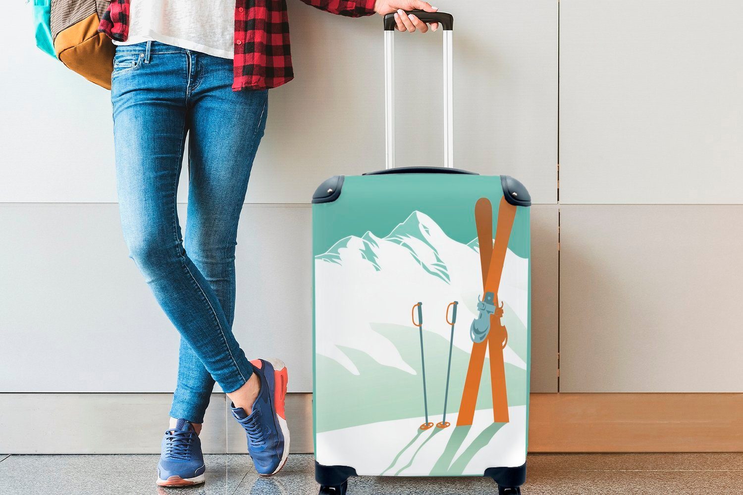 rollen, Handgepäck mit Skiern Ferien, Trolley, Handgepäckkoffer MuchoWow in Eine Reisetasche den Illustration Boden gerammten Rollen, Reisekoffer für 4 Skistöcken, von und