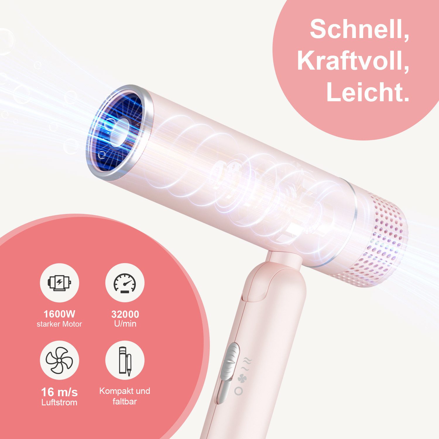 MCURO Reisehaartrockner Leicht faltbar Föhn für Reise und Alltag, 1600,00 W, 3 Temperaturstufen,2 Luftstärken,Kaltluftfunktion, mit Konzentrator oder Diffusor – faltbar, leise & reisefertig